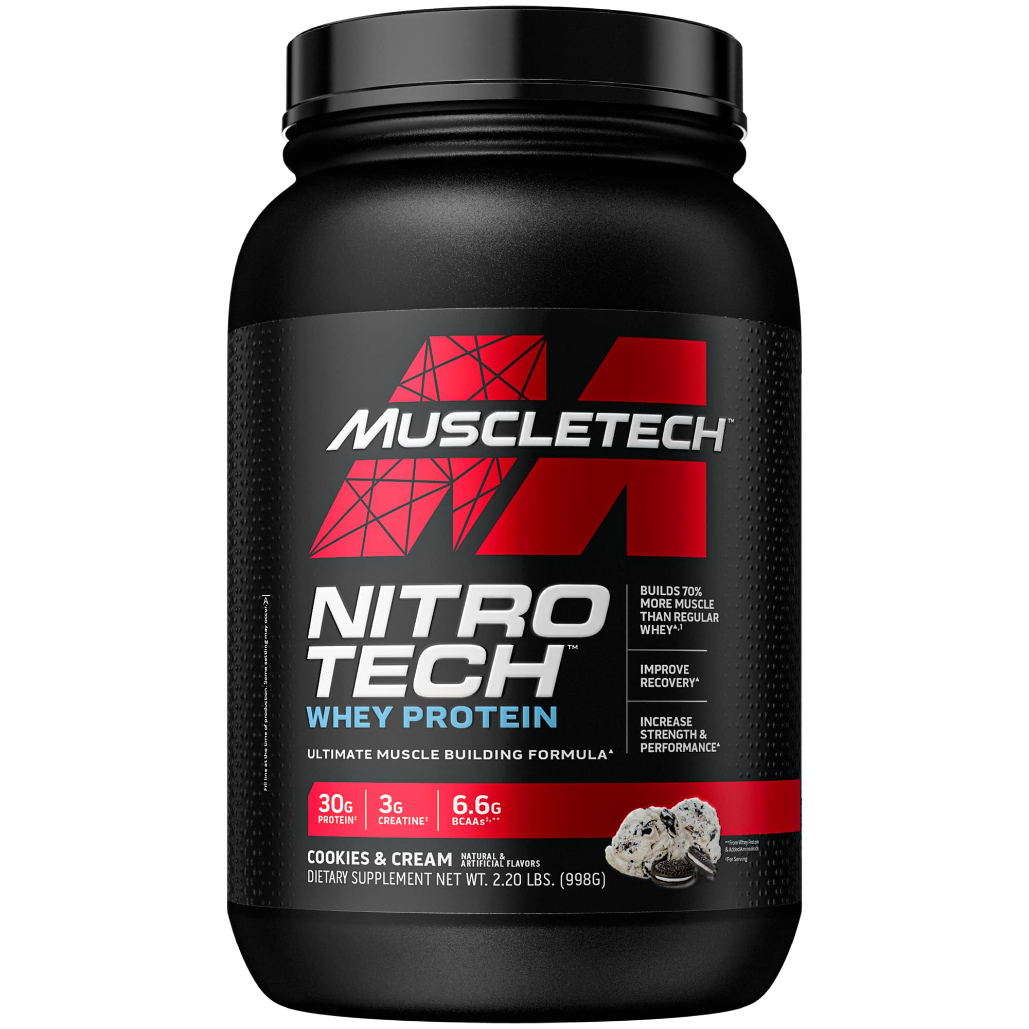 Nitro-Tech Whey Protein Powder with Isolate & Peptides + Creatine for Muscle Gain - Cookies & Cream Flavor, 2.2 lb (22 Servings) | Ideal for Post-Workout Recovery, Bodybuilding & Fitness Enthusiasts (Men & Women)