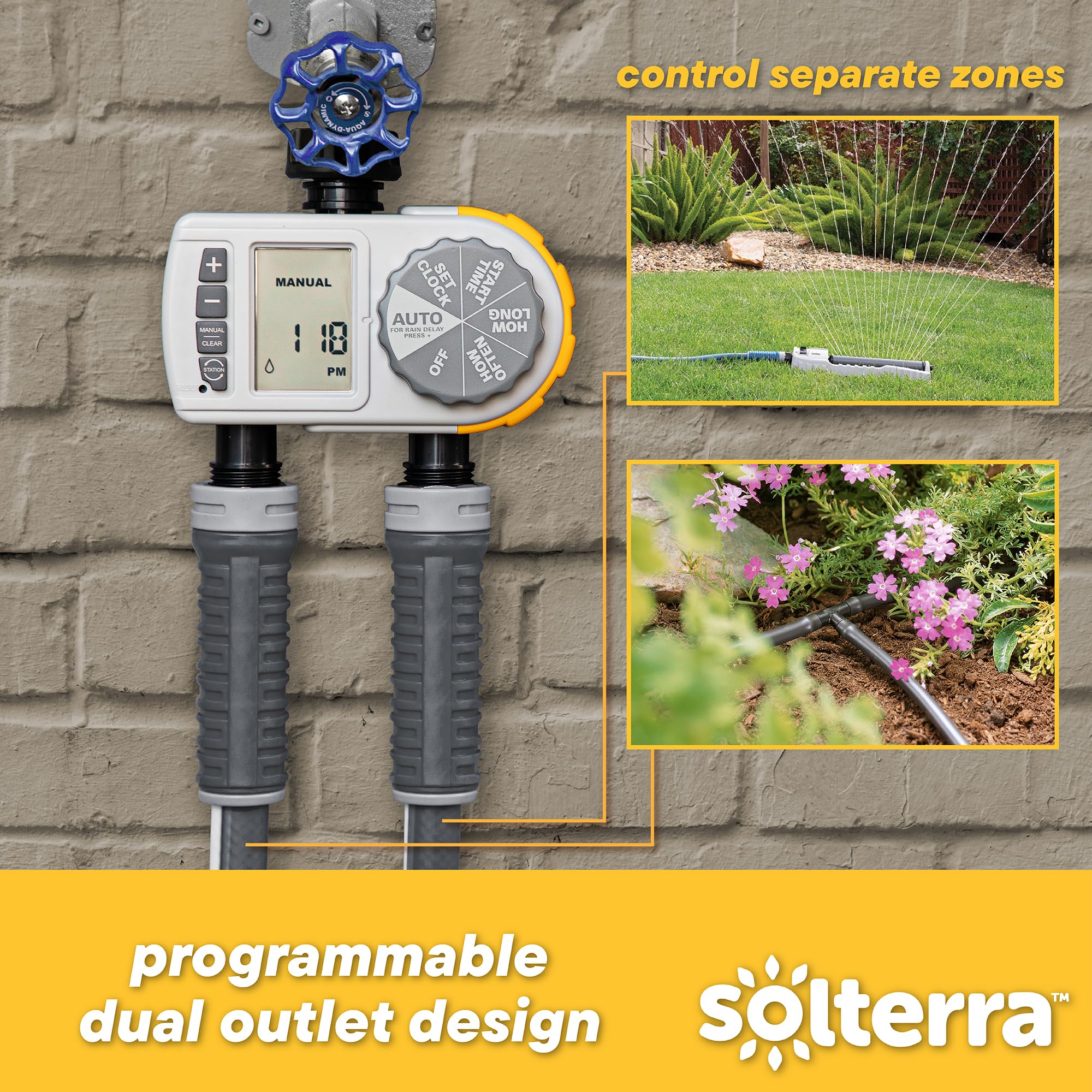 28153 Single-Dial Two-Outlet Hose Timer, Gray - Automatic Watering System for Garden, Lawn & Outdoor Plants