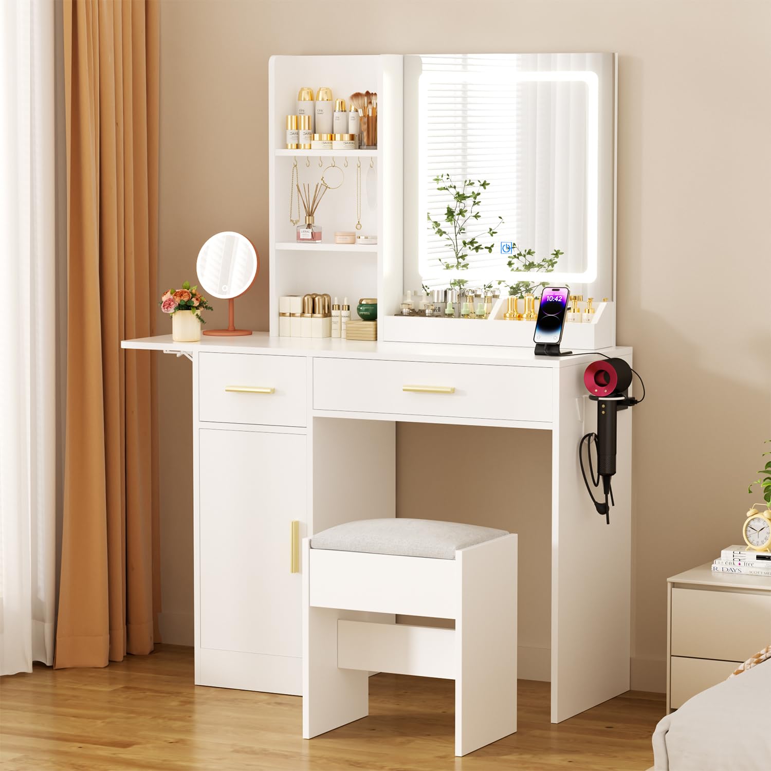 Vanity Desk with Mirror and LED Lights - 35.43
