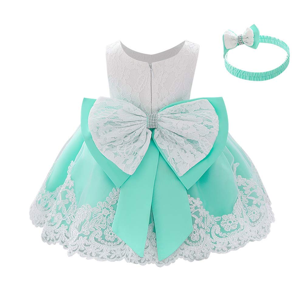 Baby Girls Formal Dress - Lace Bowknot Baptism Gown with Embroidery & Headwear | Princess Birthday, Wedding & Flower Girl Tutu Dress for Special Occasions