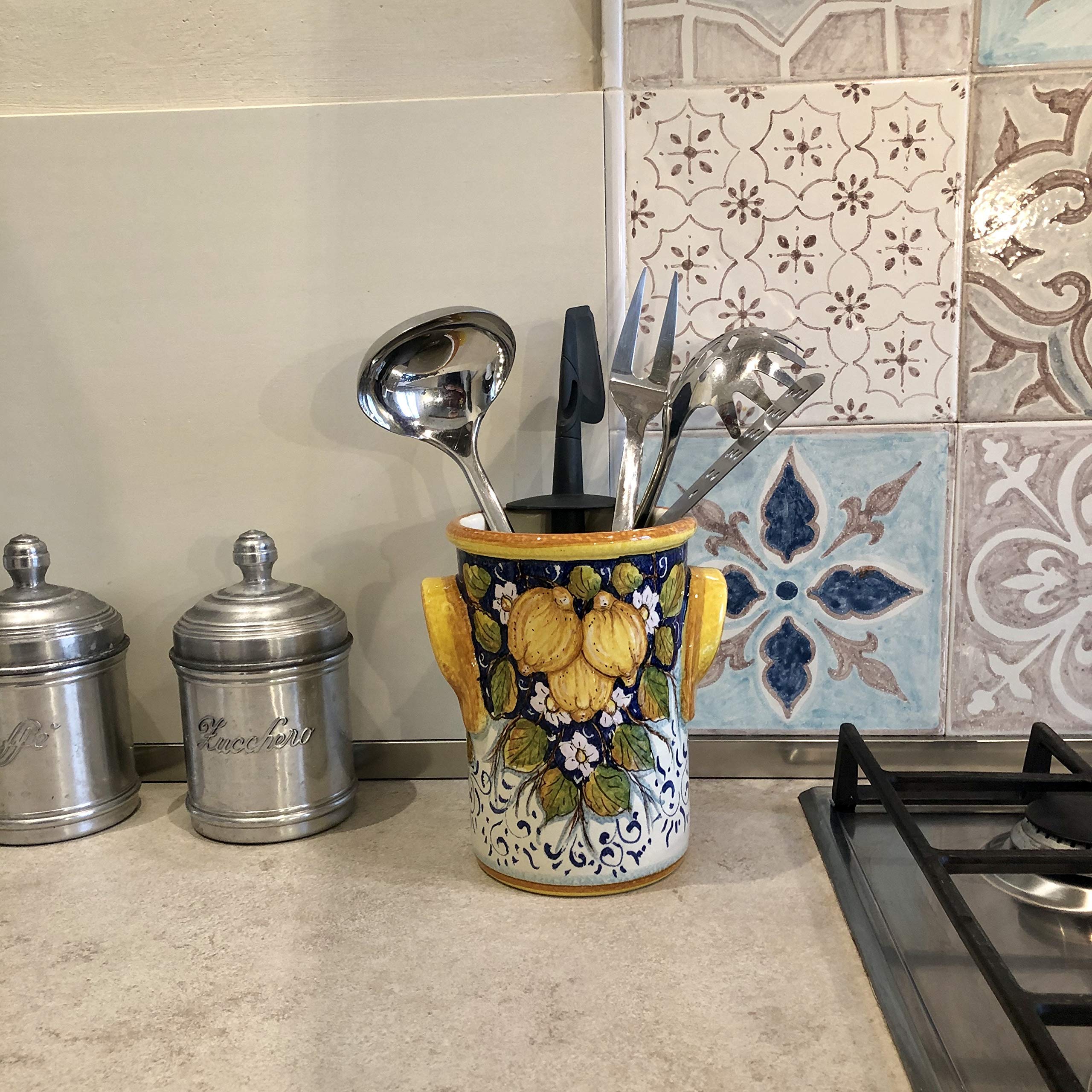 Hand-Painted Italian Ceramic Utensil Holder & Wine Bottle - Tuscan Art Pottery with Three Lemons Design - Made in Italy - Perfect for Kitchen Decor & Wine Storage