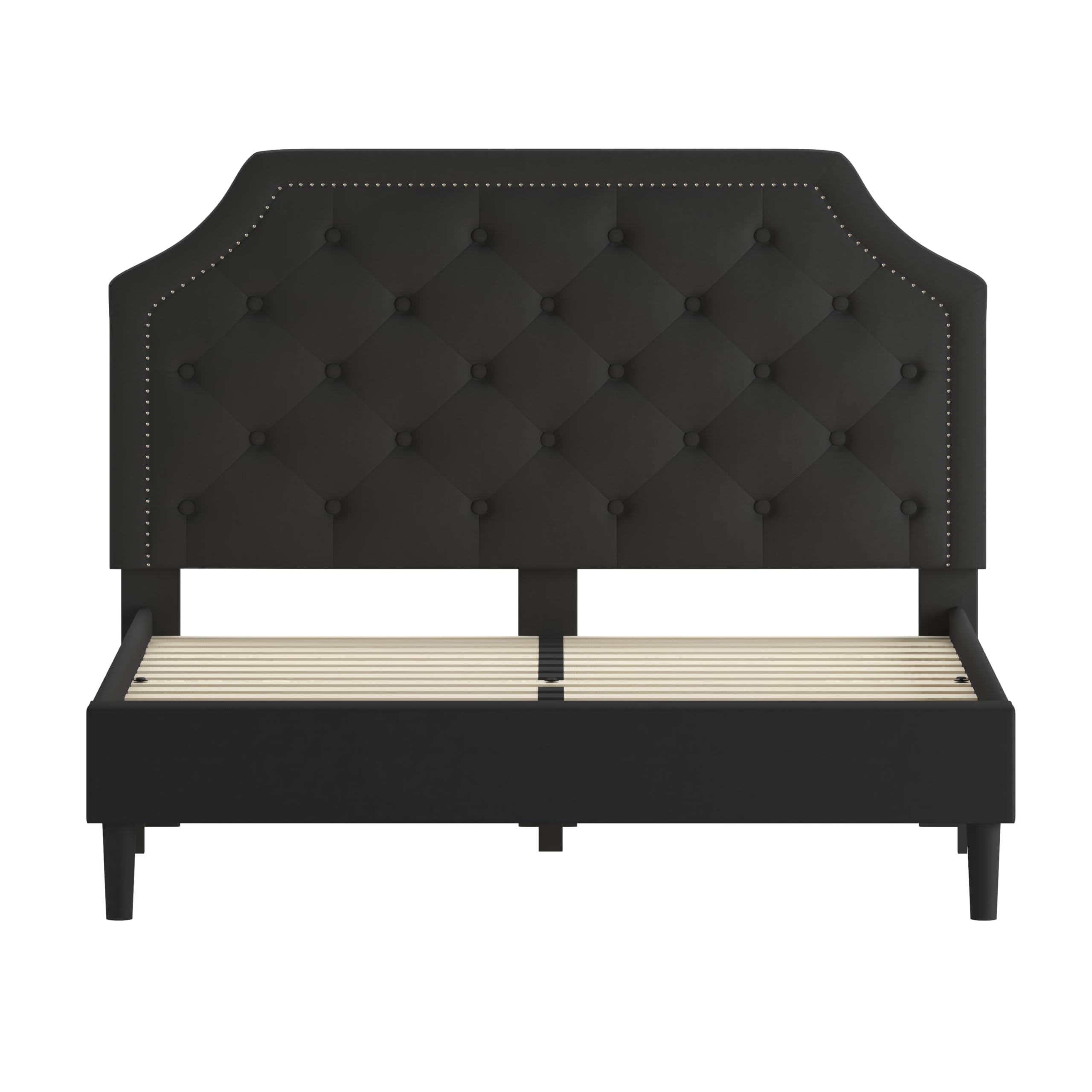 Queen Size Arched Tufted Upholstered Platform Bed Frame with Headboard - Black Fabric Luxury Bedroom Furniture for Master Bedroom & Guest Room