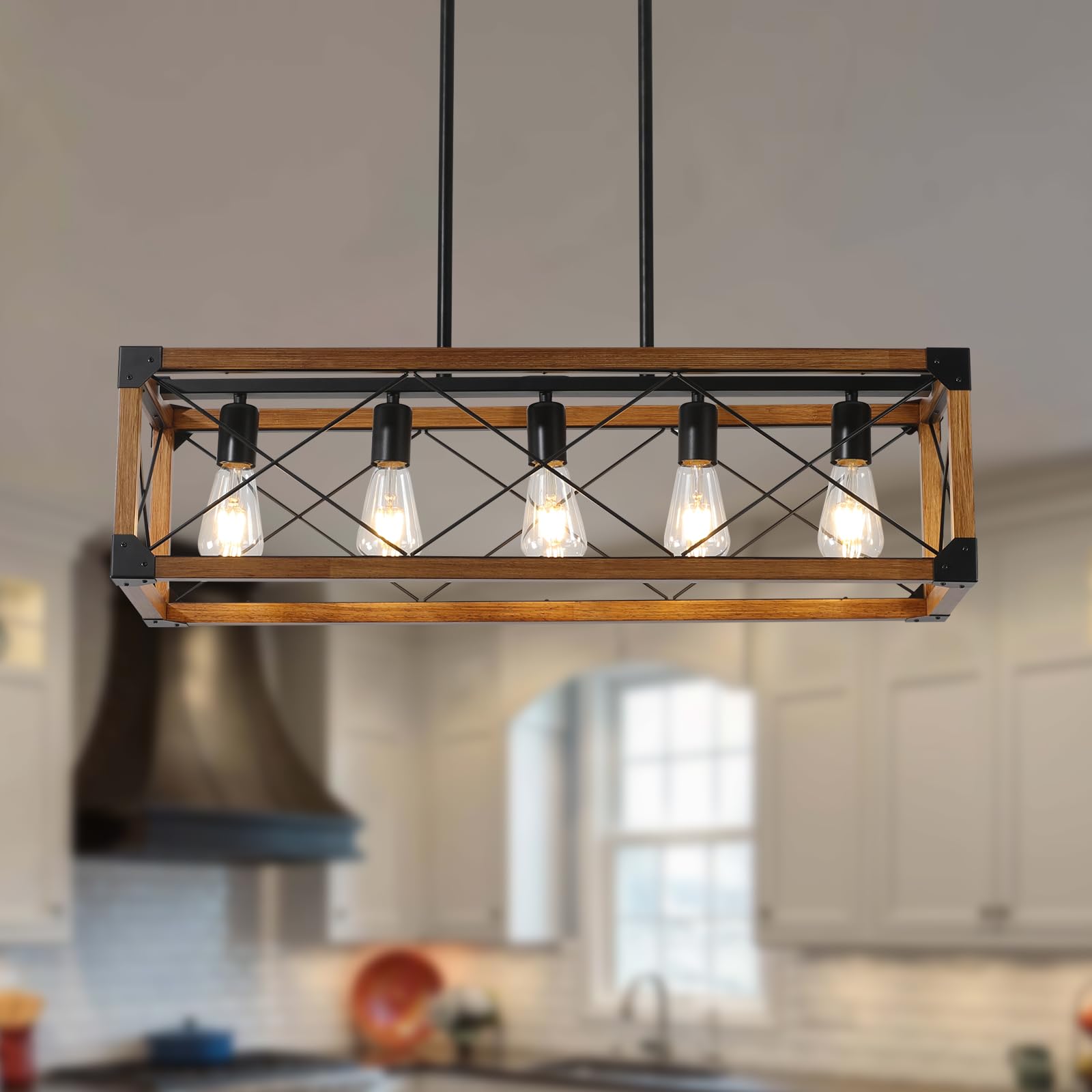 Farmhouse Chandelier - Rustic 5-Light Wood Pendant Lighting for Dining Room, Kitchen Island & Country Home Decor | Perfect for Farmhouse, Cottage & Rustic Interior Design