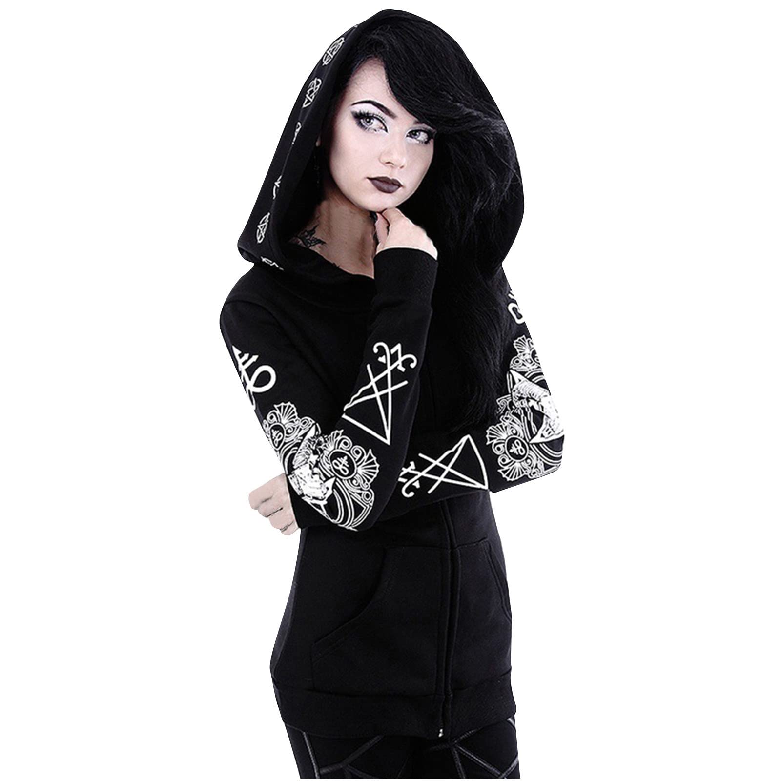 Sexy Long Zip Up Hoodie for Women - Punk Gothic Sweatshirt with Long Sleeves & Hooded Jacket Style | Perfect for Streetwear, Concerts & Edgy Fashion Looks