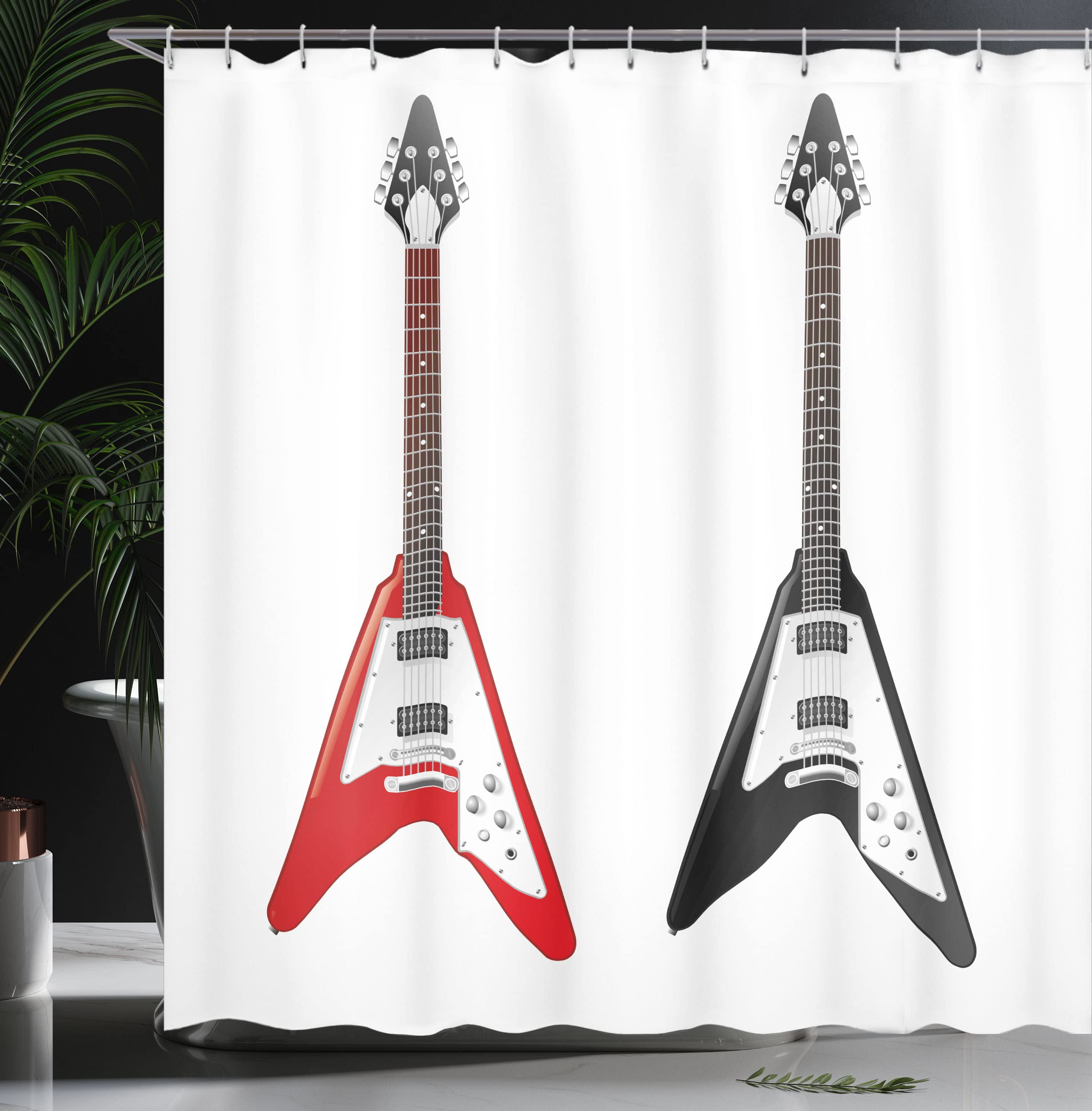 Ambesonne Guitar Shower Curtain - Musical Instrument V-Shaped Design Rock & Roll Theme, 69x70 Inch Fabric Bathroom Decor with Hooks in Vermilion Dark Grey | Perfect for Music Lovers' Bathroom & Rock-Themed Home Decor