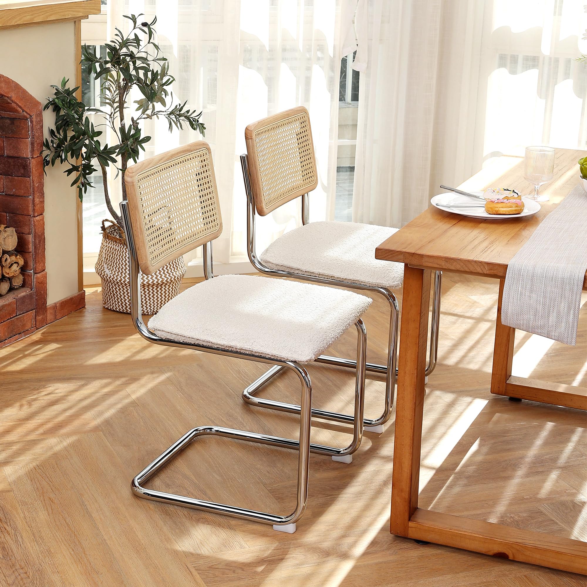 ONEVOG Set of 2 Upholstered Boucle Dining Chairs - Sturdy Rubber Wood Frame with Natural Cane Back & Chrome Base - Comfortable Kitchen Chairs for Dining Room, Club, Waiting Room, Restaurant, Office or Home Decor
