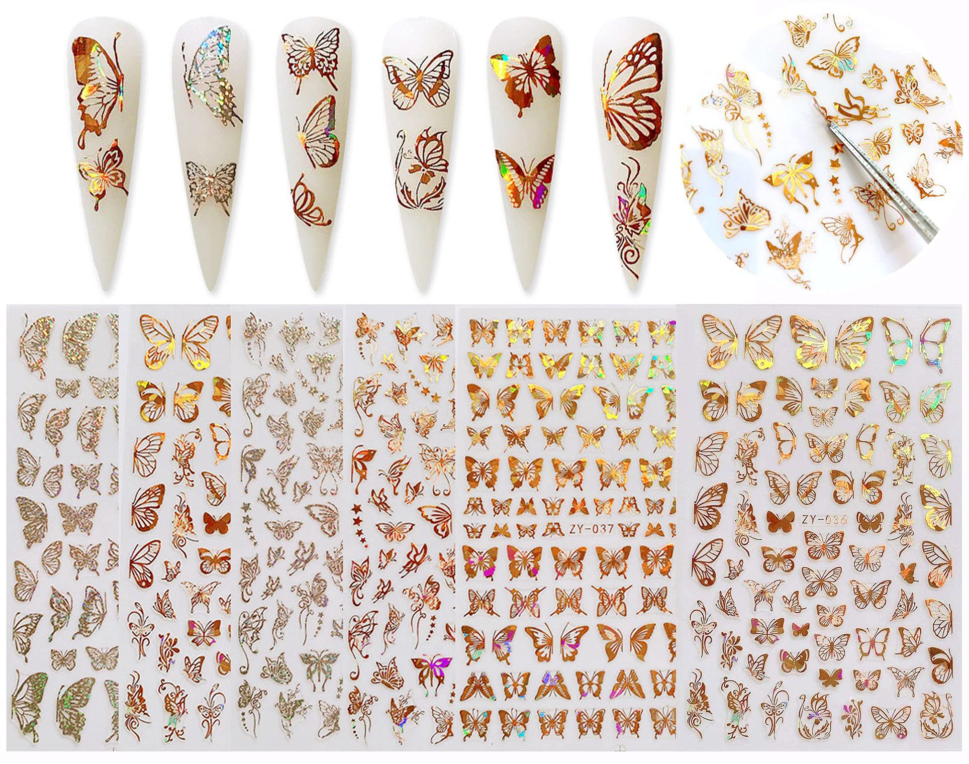 3D Luxury Butterfly Nail Art Stickers - Gold Laser Design Nail Decals for Acrylic Nails (8 Sheets) | DIY Manicure, Nail Salon Supplies, Party & Wedding Nail Art Accessories