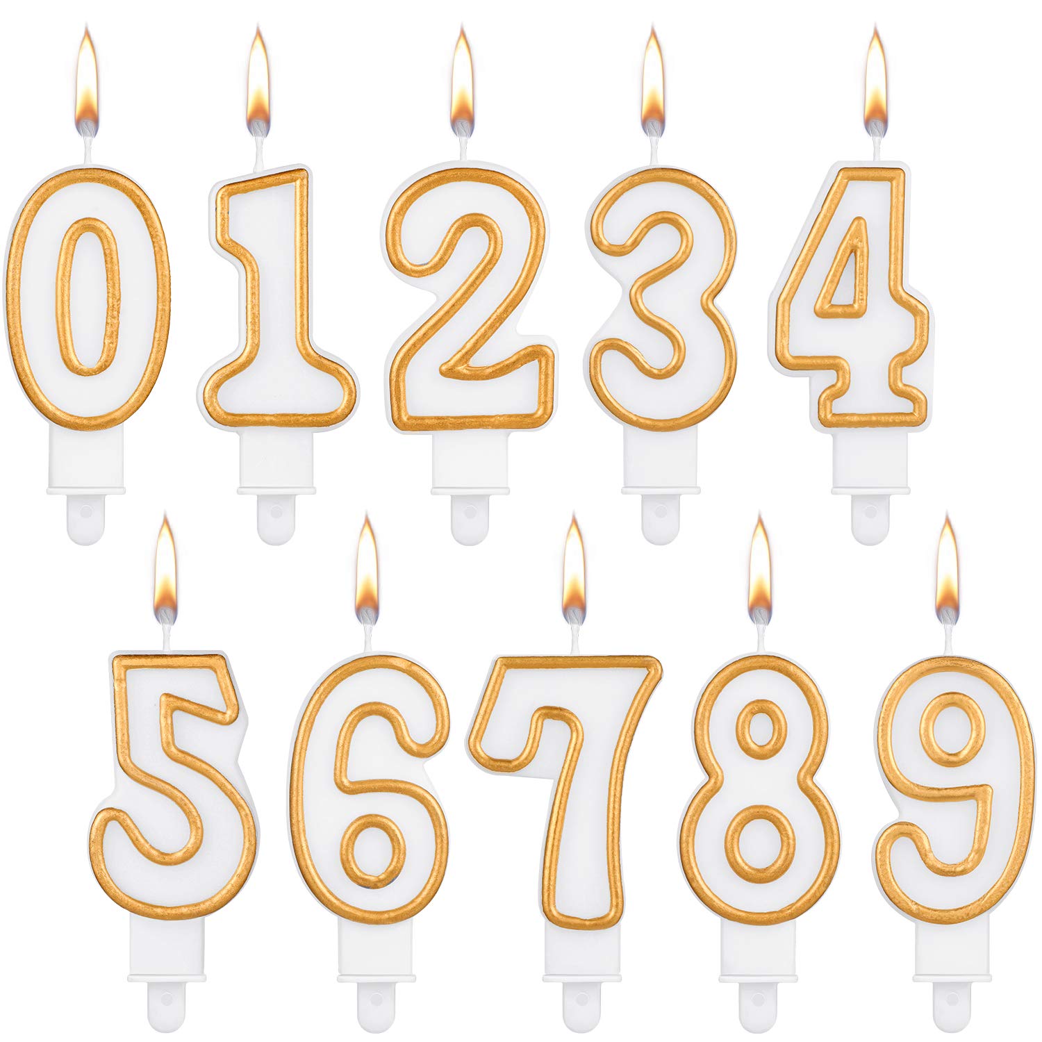 10-Piece White & Gold Edged Number Candles 0-9 - Elegant Cake Topper for Birthday, Wedding, Anniversary Parties - Perfect for Milestone Celebrations and Special Occasions