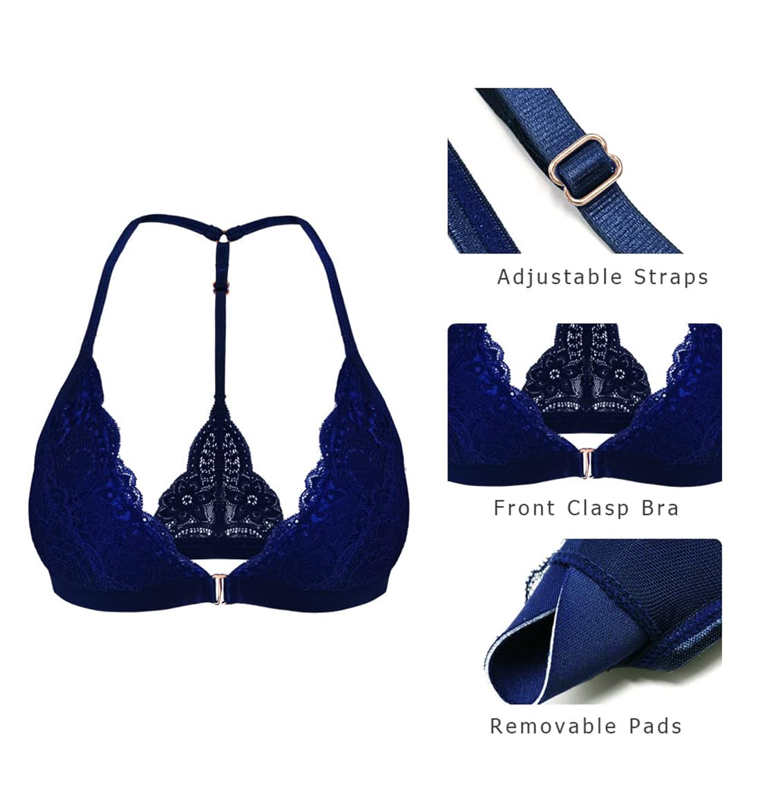 SHEKINI Women's Lace Wireless Bra - Front Closure Padded Triangle Bralette, Comfortable Halter Bras for Everyday Wear | Perfect for Yoga, Lounge & Summer Outfits