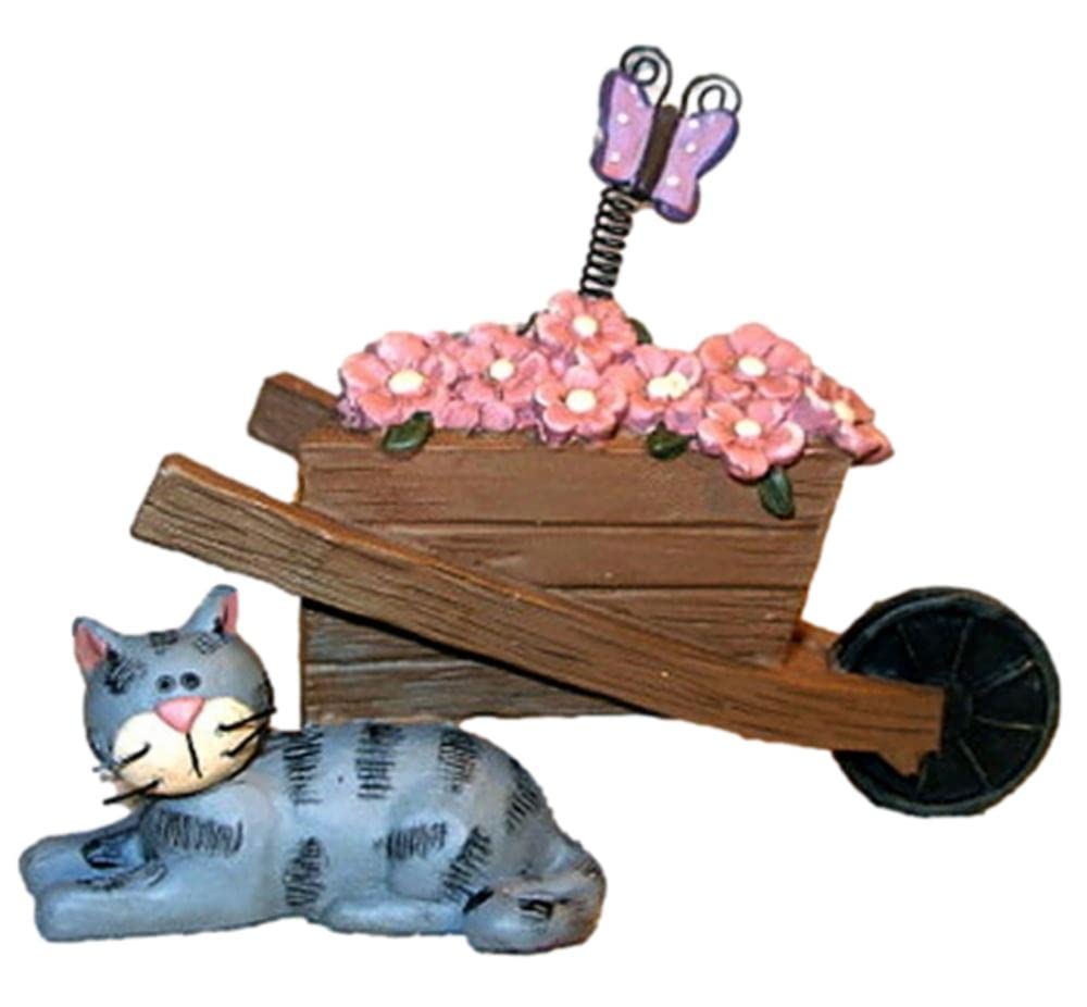 Grey Tabby Cat Kitten with Butterfly & Pink Flower Wheelbarrow Resin Figurine - Cute Home Decor for Cat Lovers, Perfect for Bookshelf, Desk or Gift
