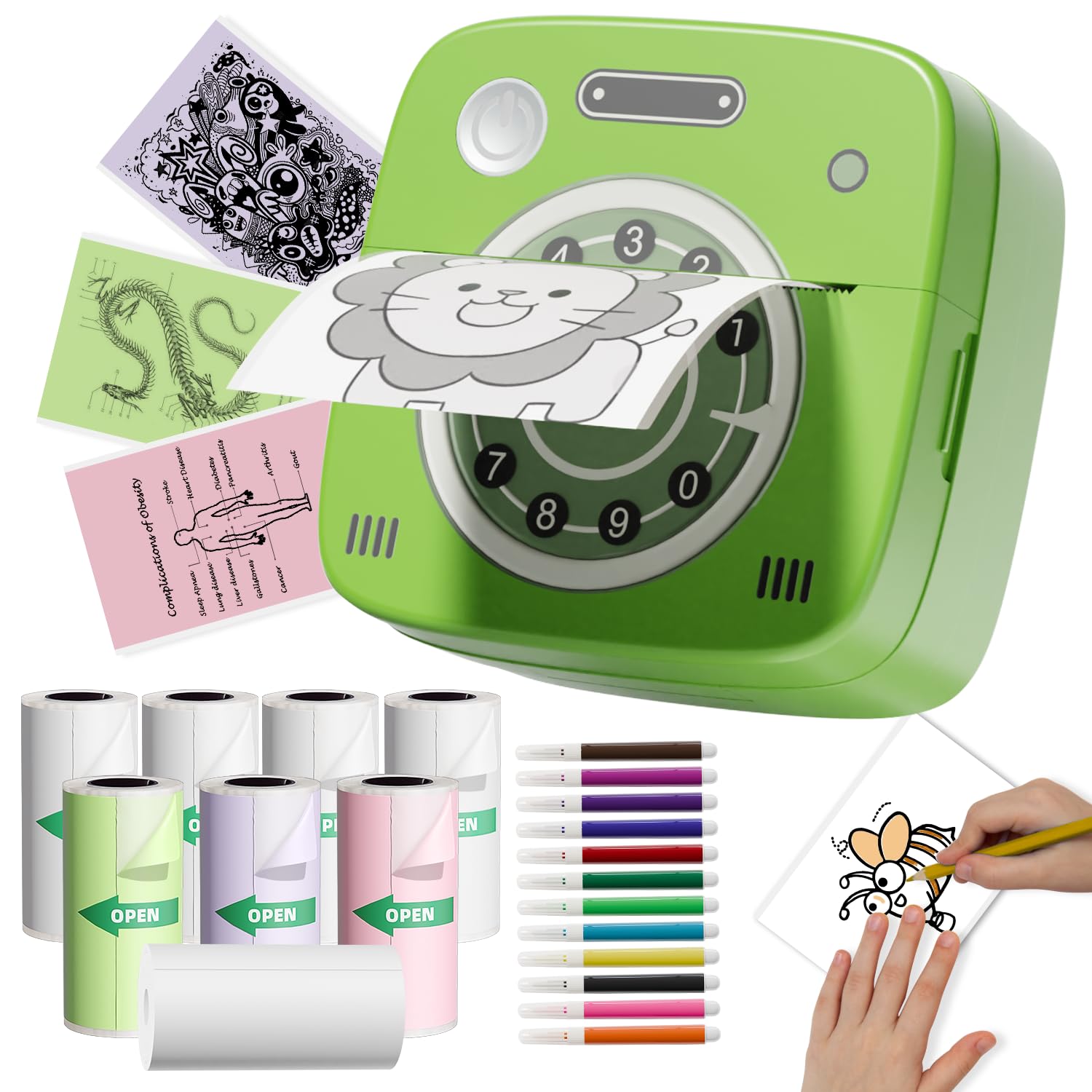 Mini Sticker Printer - Portable Bluetooth Thermal Printer for iOS/Android, 8 Rolls Color Paper, Inkless Pocket Printer for Journals, Photos, Notes & Lists | Perfect for Scrapbooking, School Projects & DIY Crafts (Vintage Phone Design)