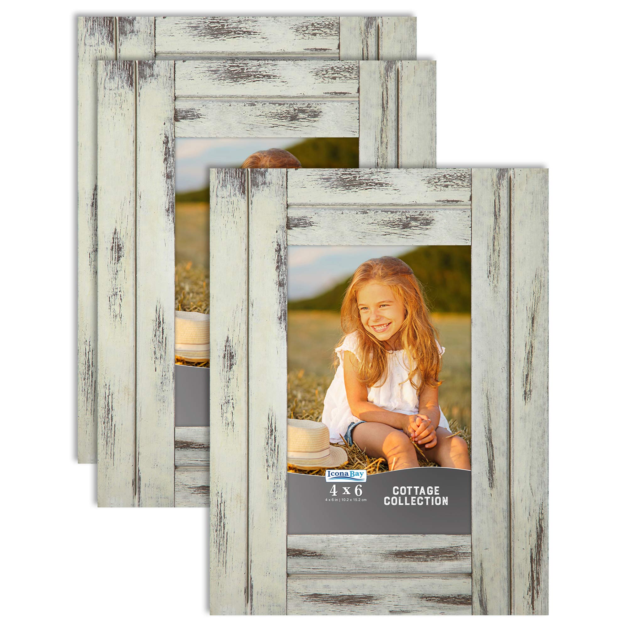 Icona Bay 4x6 Picture Frames (10x15 cm) - Set of 3 Rustic Wood Photo Frames in Creamery White, Cottage Style for Wall or Tabletop Display - Perfect for Home Decor, Wedding Photos, and Family Memories