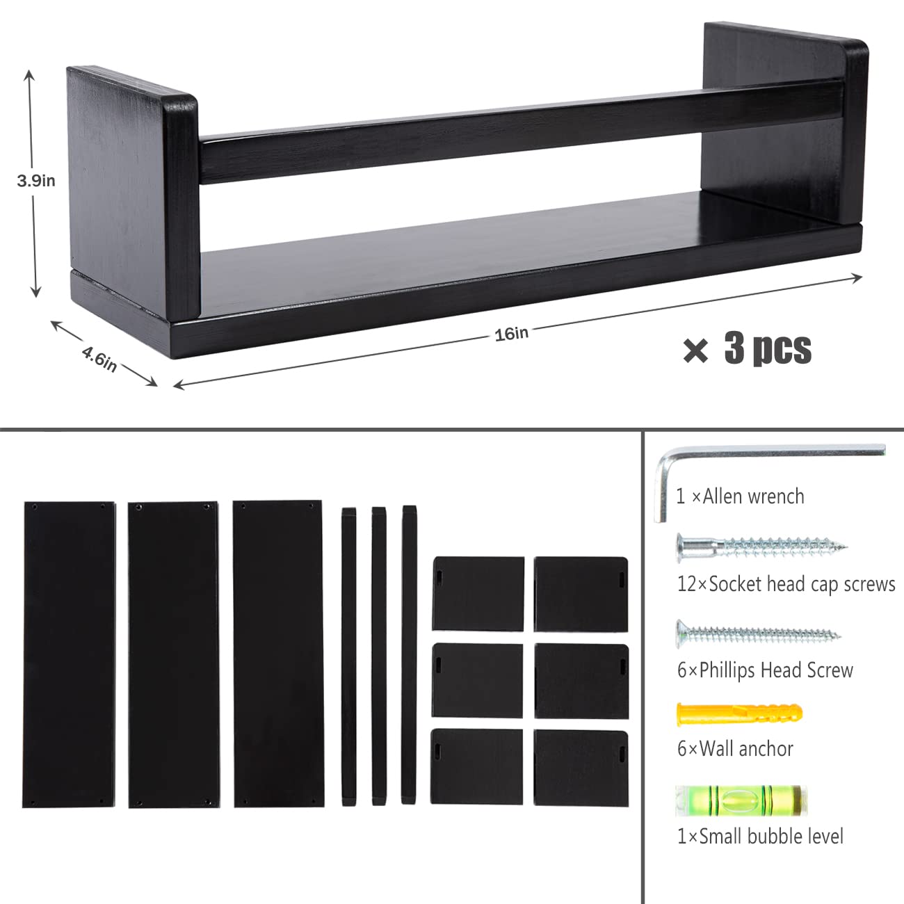 AZSKY Set of 3 Black Wooden Floating Wall Shelves - 16 Inch Nursery Bookshelves for Kids, Bathroom, Living Room & Kitchen Decor - Perfect for Organizing Books, Toys, Spices & Home Décor