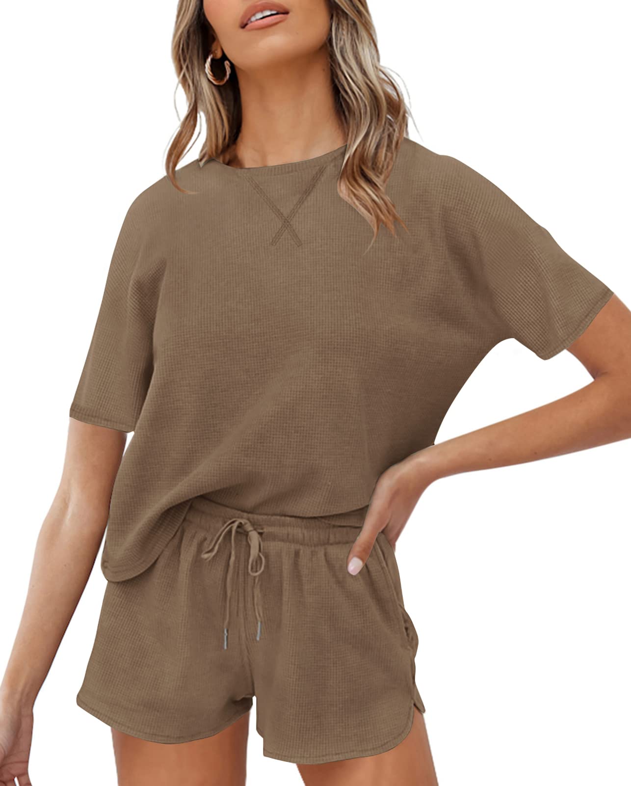 ZESICA Women's Waffle Knit Pajama Set - Short Sleeve Top & Lounge Shorts with Pockets | Soft Sleepwear & Athletic Loungewear for Home, Yoga, and Relaxation