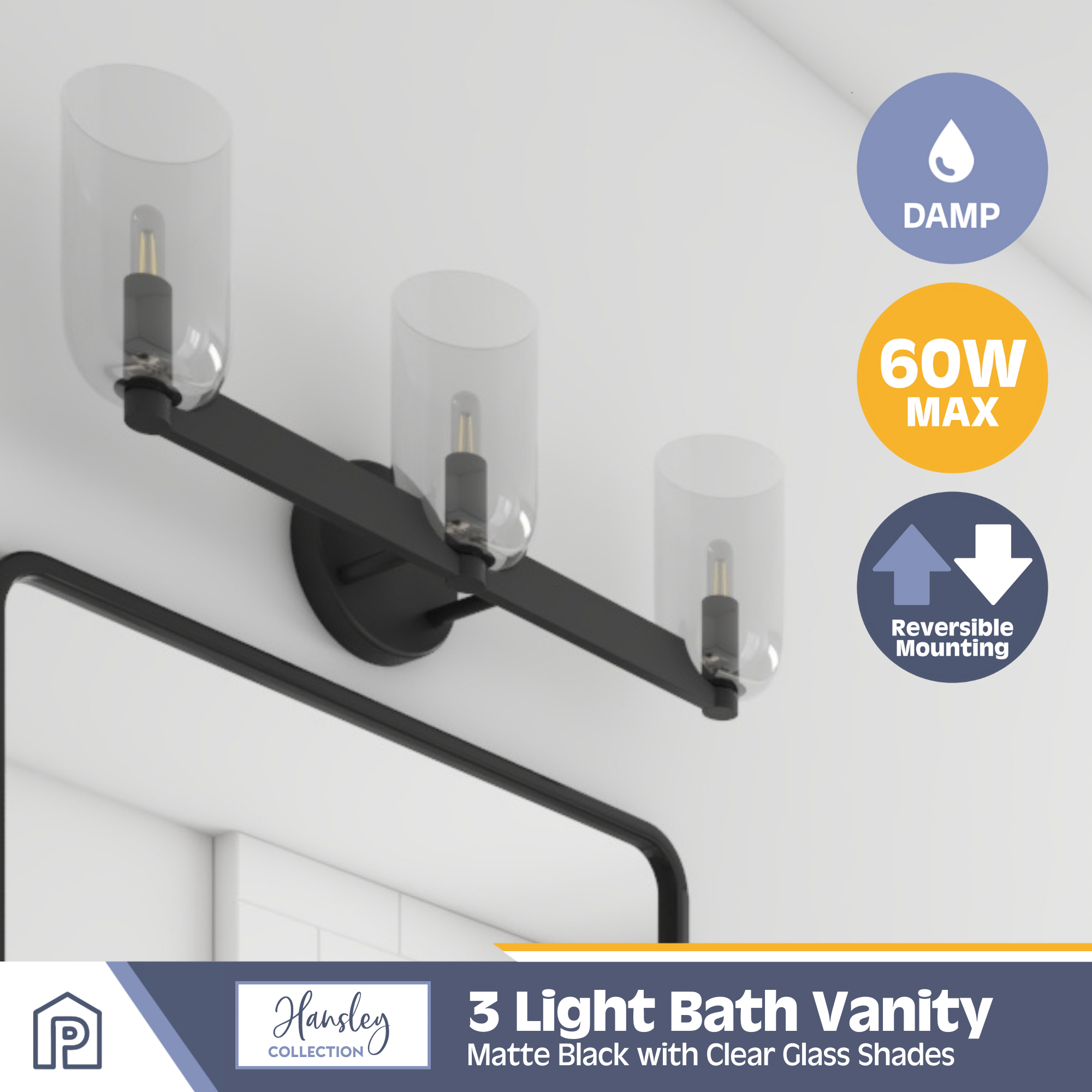 3-Light Hansley Vanity Light Fixture - Matte Black Finish with Clear Glass Shades - Perfect for Bathroom, Bedroom or Dressing Room Lighting