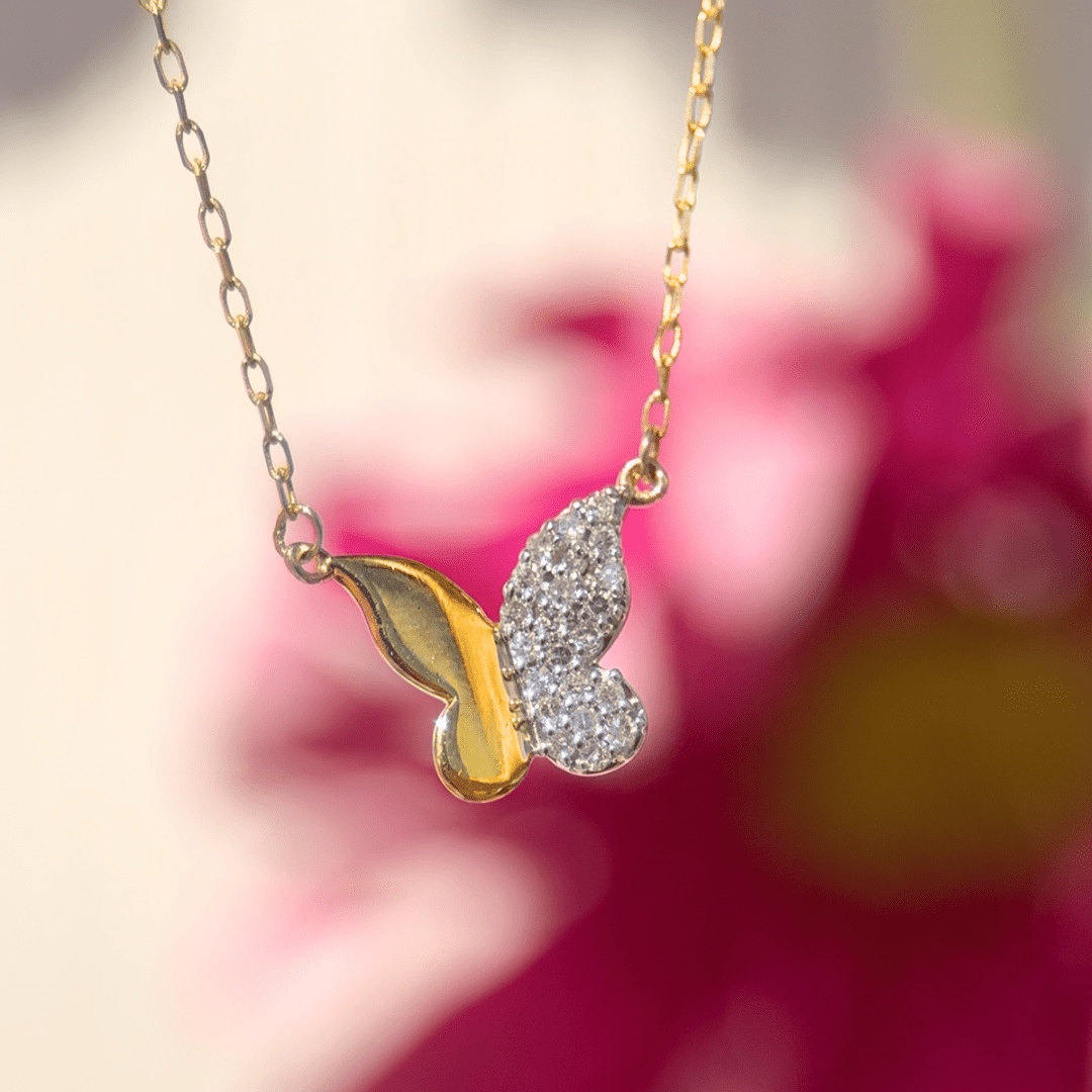 10k Yellow Gold Half Diamond Pave Butterfly Pendant Necklace - Elegant Jewelry Gift for Women, Perfect for Valentine's Day, Anniversary & Special Occasions