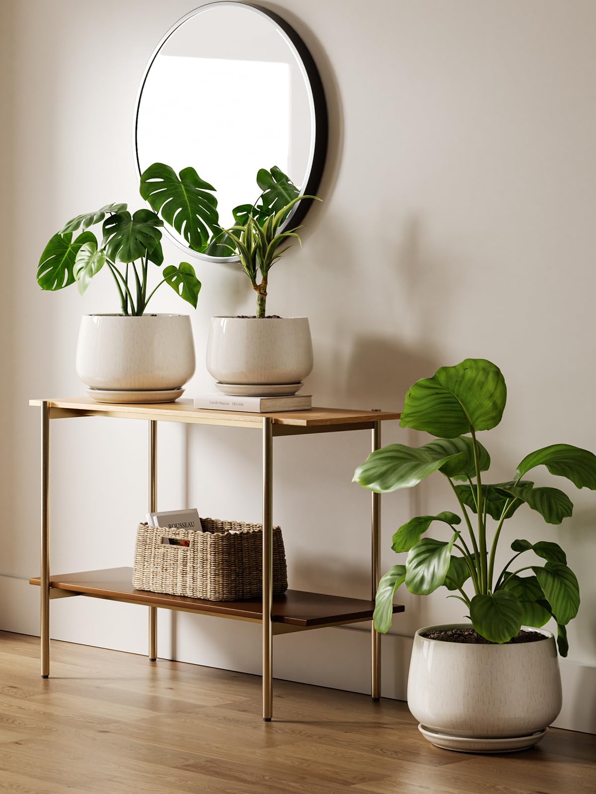 LE TAUCI 10 Inch Ceramic Plant Pot with Drainage Hole & Saucer - Stylish Indoor Flower Planter for Home Decor, Gift for Mom - Reactive Glaze Beige | Perfect for Living Room, Office, Balcony & Housewarming Gifts