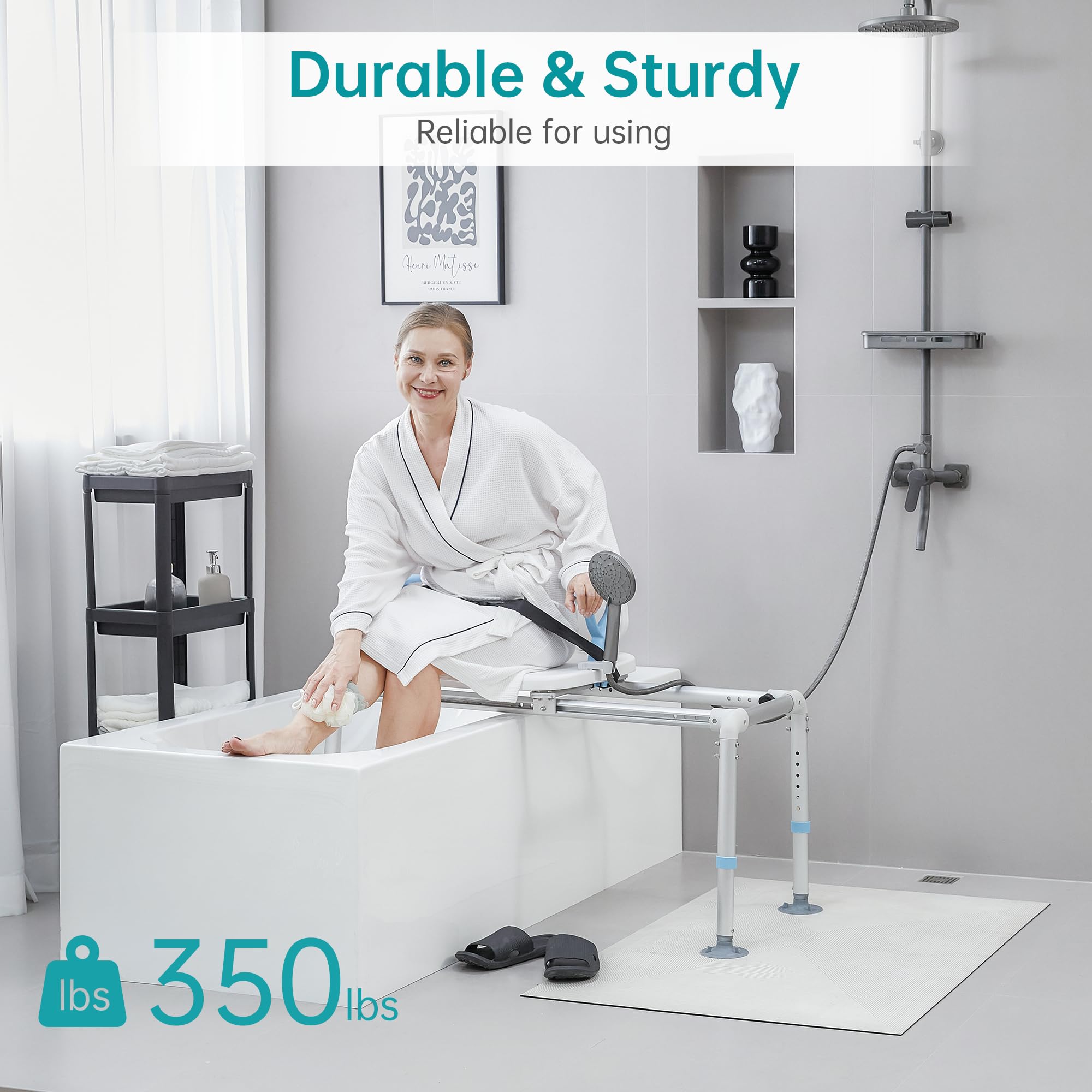 ELENKER Heavy Duty Sliding Shower Chair with Swivel Seat - Rotating Bathtub Transfer Bench for Elderly & Disabled - Non-Slip Suction Cup Bath Safety Seat - Ideal for Mobility Assistance & Bathroom Safety