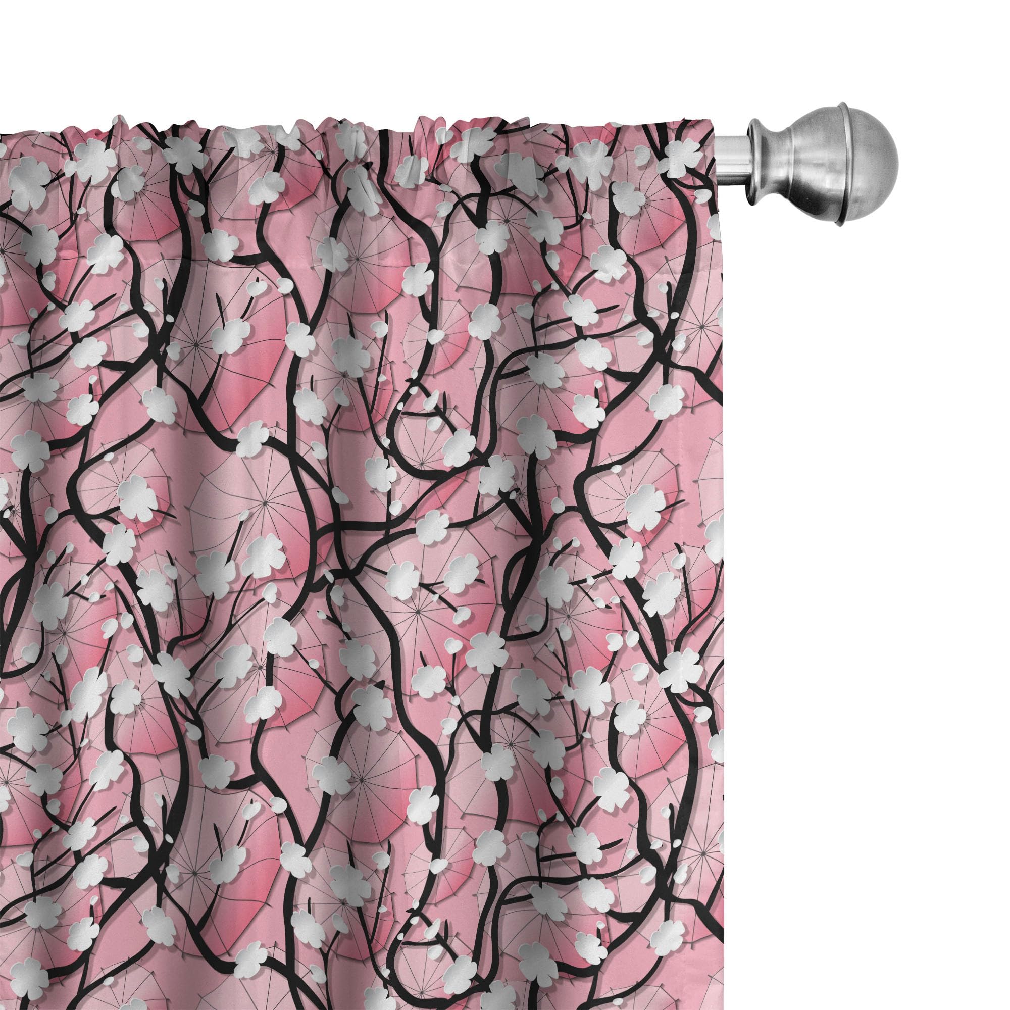 Ambesonne Japanese Cherry Blossom Window Curtains - Sakura Tree Flowers with Umbrellas & Curved Branches Romantic Art Print, Lightweight Black Pink Home Decor (2 Panels, 28x84 Inches, Rod Pocket) - Perfect for Living Room, Bedroom & Asian-Themed Interior Design