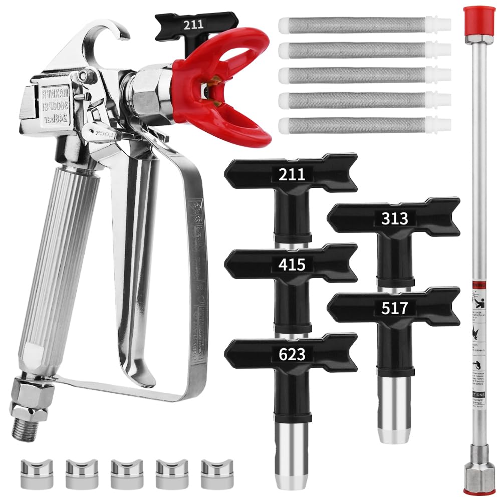 3600 PSI High-Pressure Airless Paint Sprayer Gun with Nozzle Guard, 5 Spray Tips & Filters, 16-Inch Extension Pole (211, 313, 415, 517, 623) – Perfect for Home Renovation, Furniture Painting, and Exterior Wall Projects