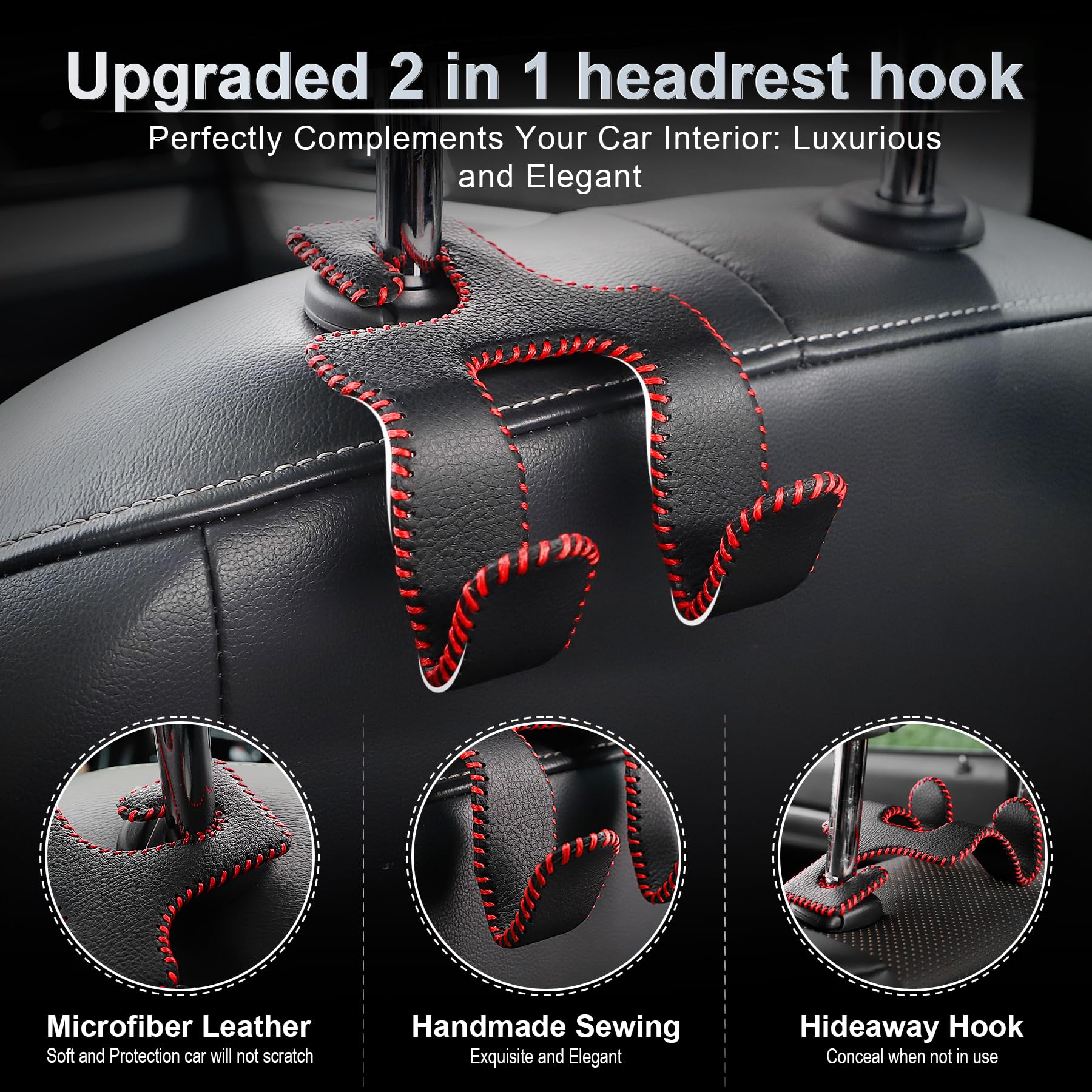 Upgraded Leather Car Seat Hook Organizer - 2-in-1 Headrest Hanger for Purses, Coats & Grocery Bags - Premium Auto Interior Accessories (Black/Red) - Perfect for Road Trips, Shopping & Daily Commute