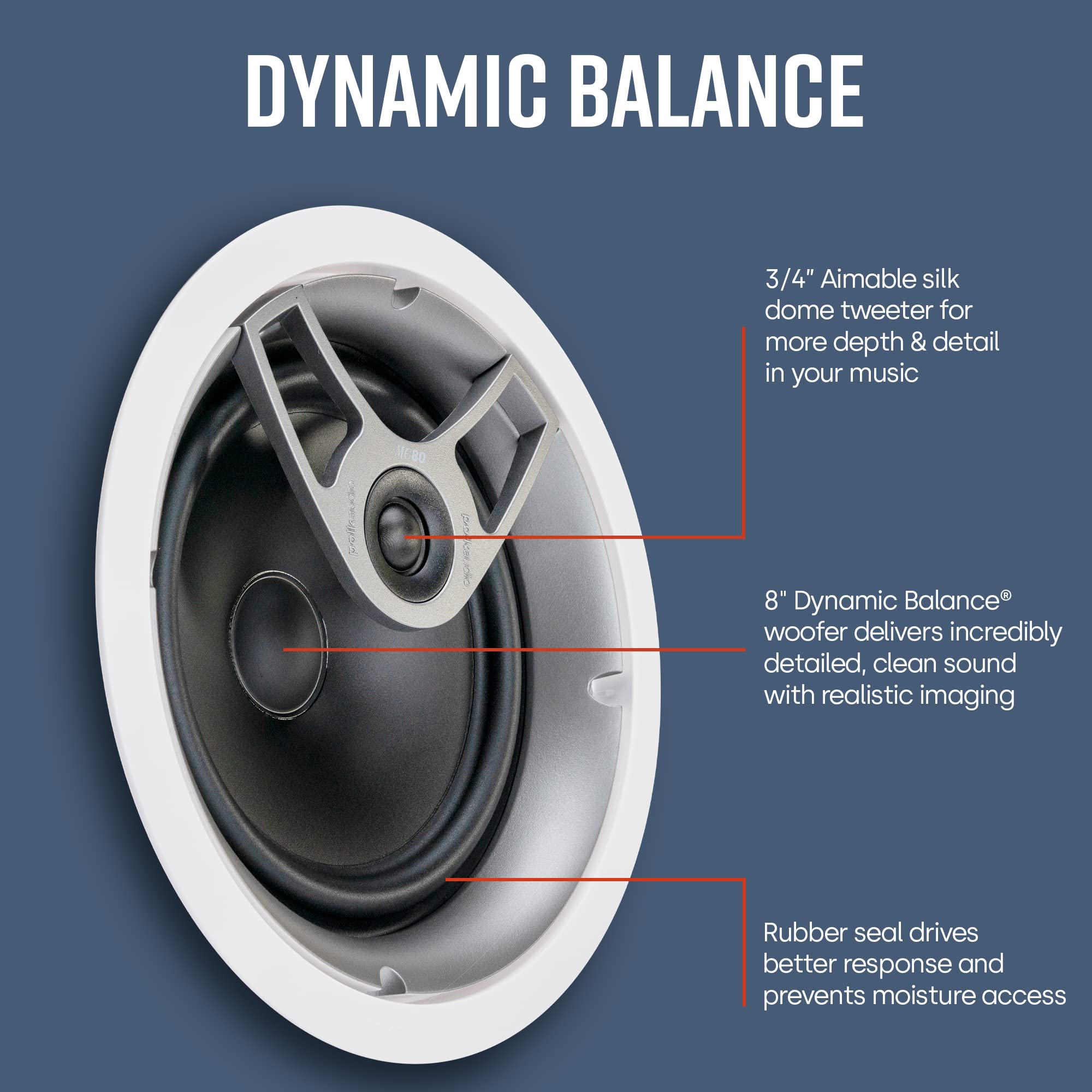 Polk Audio MC80 2-Way 8-Inch In-Ceiling Speaker (Single) - High Performance Built-in Audio System for Home Theater & Surround Sound - Ideal for Bathrooms, Kitchens, Patios & Humid Indoor Spaces (White)