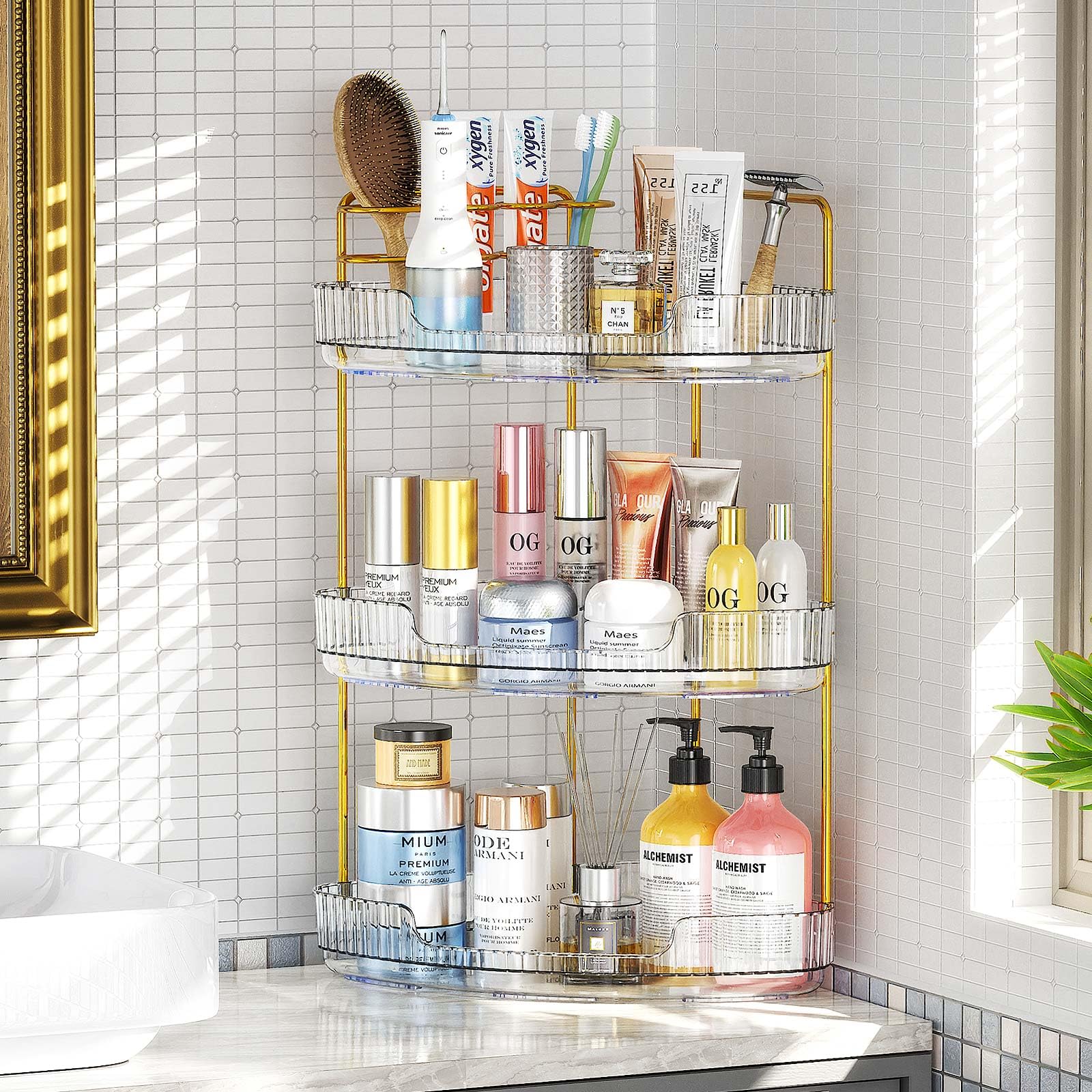 3-Tier Corner Bathroom Organizer - Acrylic Makeup Storage Shelf with Perfume Tray, No-Tools Installation for Vanity, Dresser & Kitchen Countertop (Clear) - Perfect for Small Space Organization & Cosmetic Display