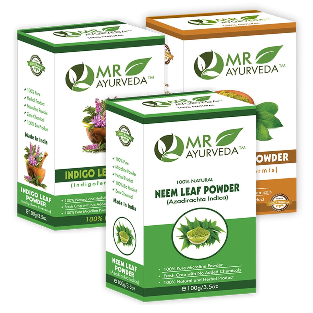 MR Ayurveda 100% Organic Indigo Powder, Henna Powder & Neem Powder - 3-Pack (100g Each) for Natural Hair Dye, Skin Care & Ayurvedic Remedies - Perfect for DIY Beauty & Holistic Wellness