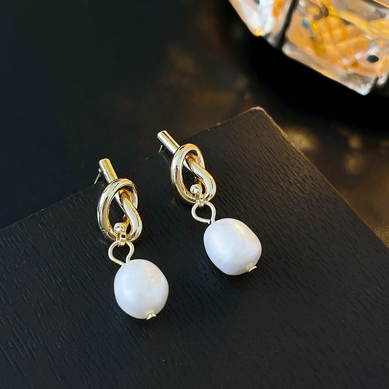 Gold Knot Freshwater Pearl Dangle Earrings for Women | HE1300 | Elegant Pearl Jewelry Gift for Brides, Weddings & Special Occasions