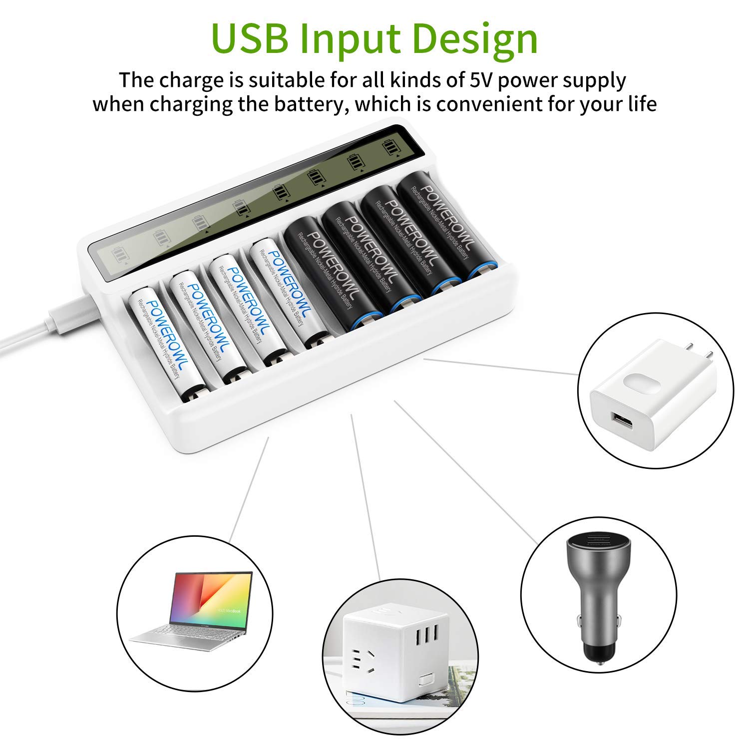 POWEROWL 8 Bay AA AAA Battery Charger with LCD Display - USB Fast Charging, Independent Slot for Ni-MH Ni-CD Rechargeable Batteries - Perfect for Cameras, Toys, Remote Controls & Home Electronics