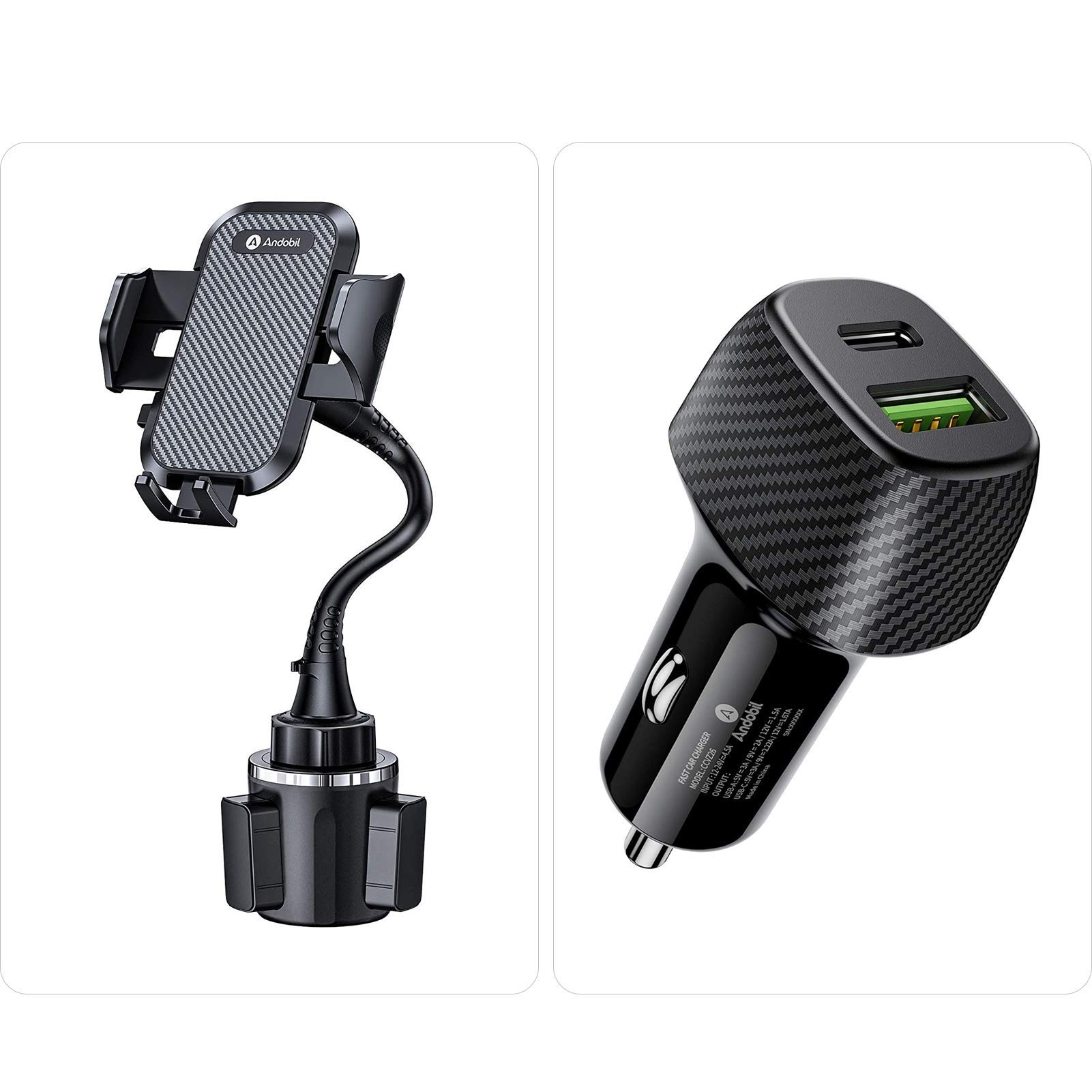 Andobil Universal Car Cup Phone Holder Mount - 13in Adjustable Long Neck, Sturdy Gooseneck Design with 20W PD & 18W QC 3.0 Fast Charging | Perfect for Road Trips, Commuting, Uber/Lyft Drivers & Hands-Free Navigation