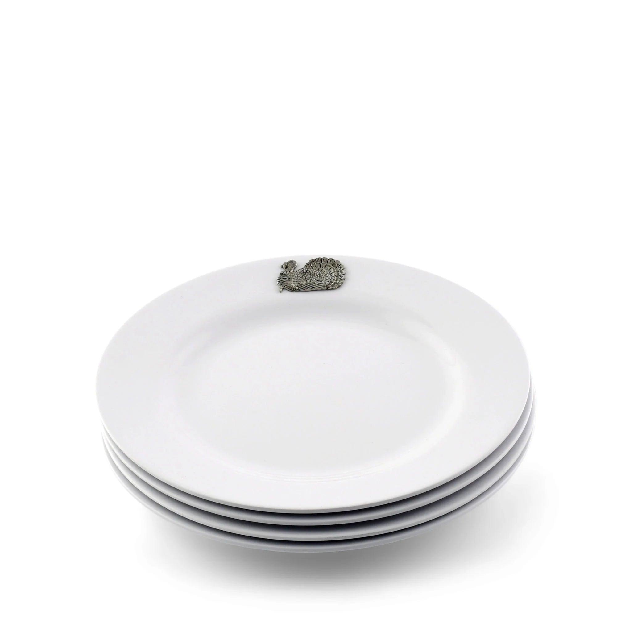 Premium White Melamine Dinner Plates Set of 10 with Elegant Pewter Turkey Design - Perfect for Thanksgiving, Holiday Gatherings & Special Occasions