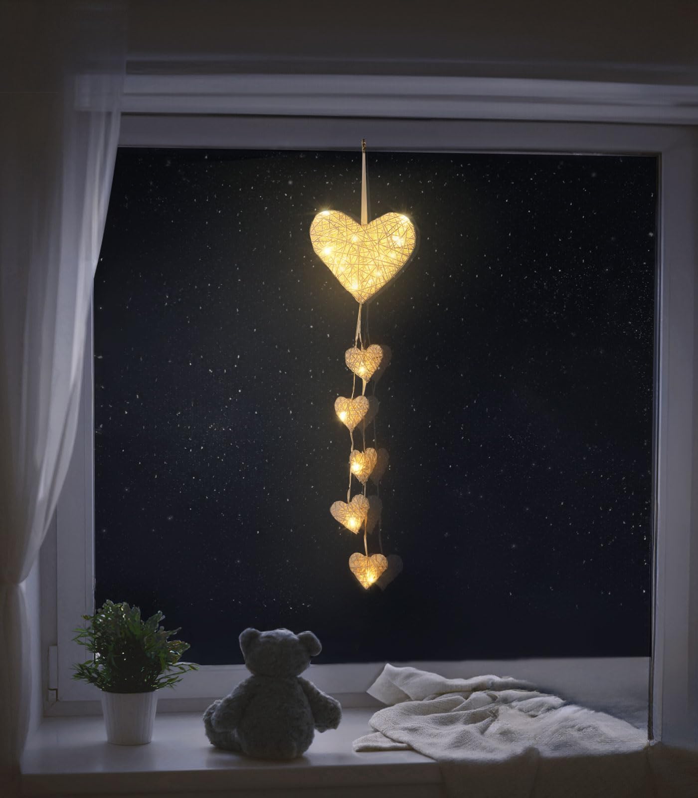 Lewondr Heart-Shaped Rattan Hanging Light - Battery Operated Fairy Lights with Timer for Indoor Decor, Kids Room, Bedroom, Window & Party Decorations - White | Perfect for Nursery, Wedding, Christmas & Cozy Ambiance Lighting