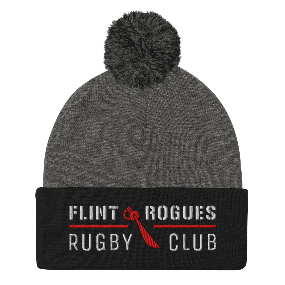 Flint Rogues RFC Pom Beanie - Winter Knit Hat for Men & Women - Soft Warm Skull Cap with Faux Fur Pom - Perfect for Snowboarding, Skiing, and Outdoor Activities