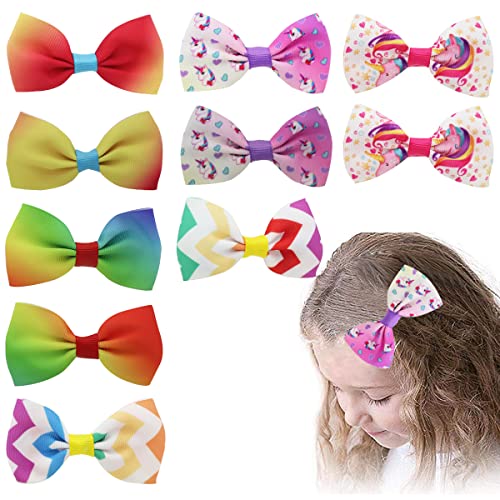 PALAY® 10pcs Girls Hair Bows Clips - Colorful Rainbow Grosgrain Ribbon Alligator Hair Clips for Toddlers Teens - Unicorn Cute Hair Accessories Gift for Birthday Party School Dance Costume Dress Up