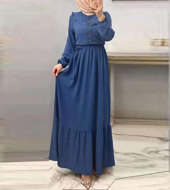 Elegant Plain High Neck Ruffled Belt Dress for Women - Chic Office Wear & Evening Party Outfit
