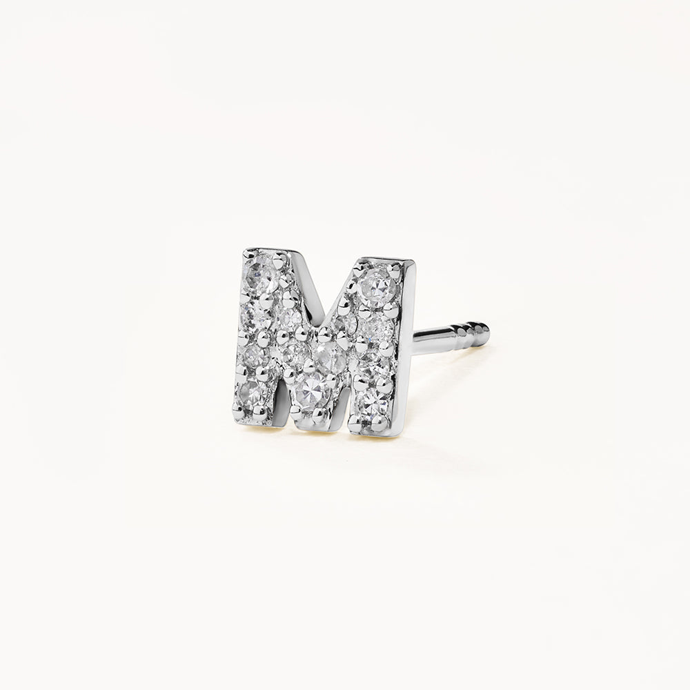 Diamond Letter M Single Stud Earring in Sterling Silver - Perfect for Birthdays, Gifts & Everyday Elegance