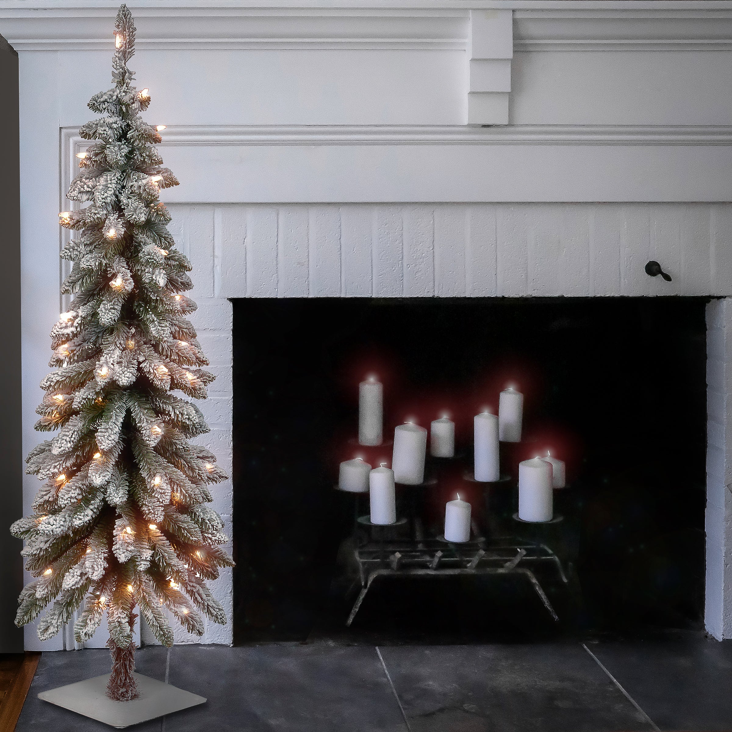 4 ft Pre-Lit Snowy Downswept Artificial Christmas Tree with Clear LED Lights - Perfect for Living Room, Office & Holiday Decorations
