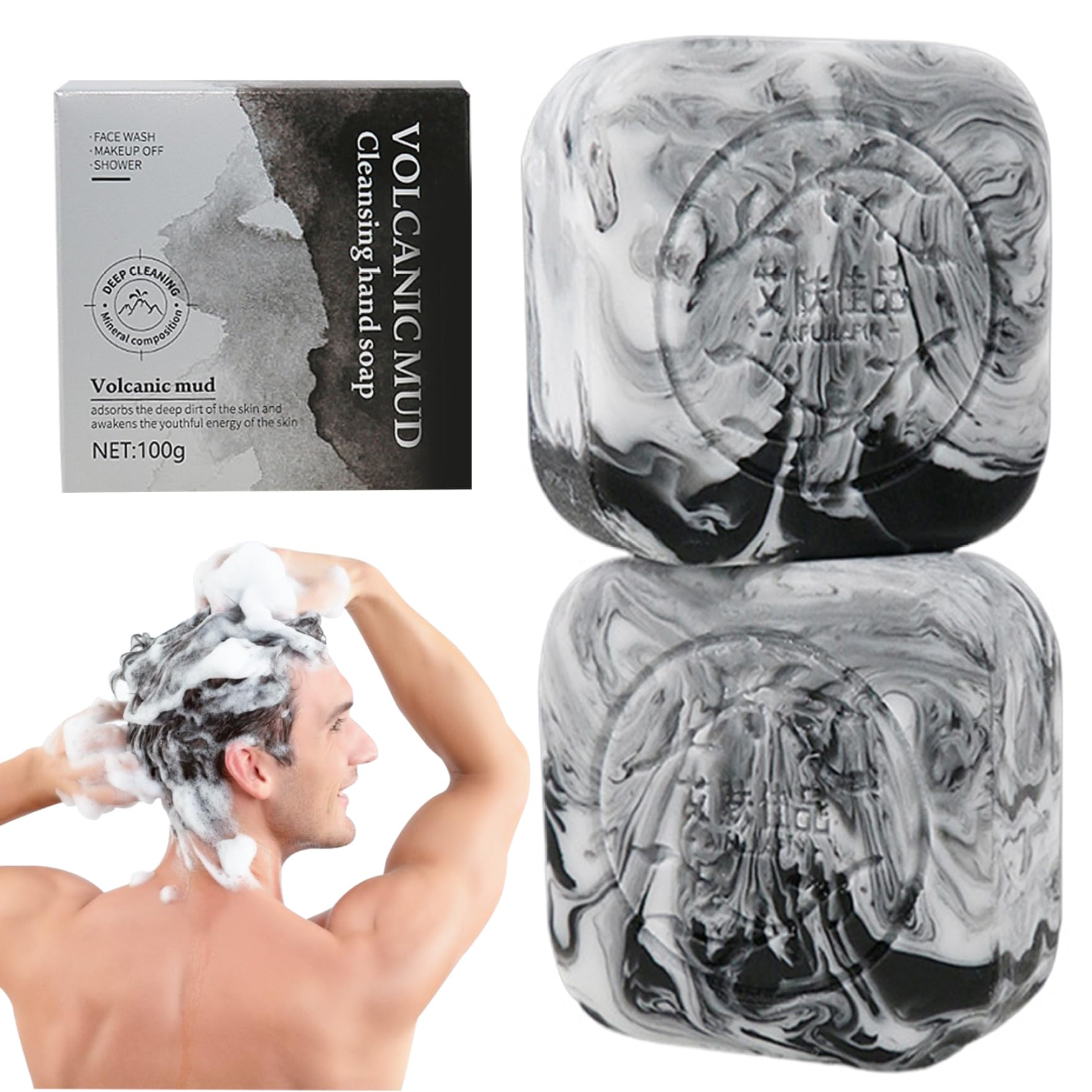 2-Pack Natural Charcoal & Volcanic Clay Soap Bar (100g Each) - Deep Cleansing Acne Treatment for Men & Women - Oil Control, Moisturizing Black Soap for Face, Scalp & Body - Ideal for Daily Skincare & Acne-Prone Skin