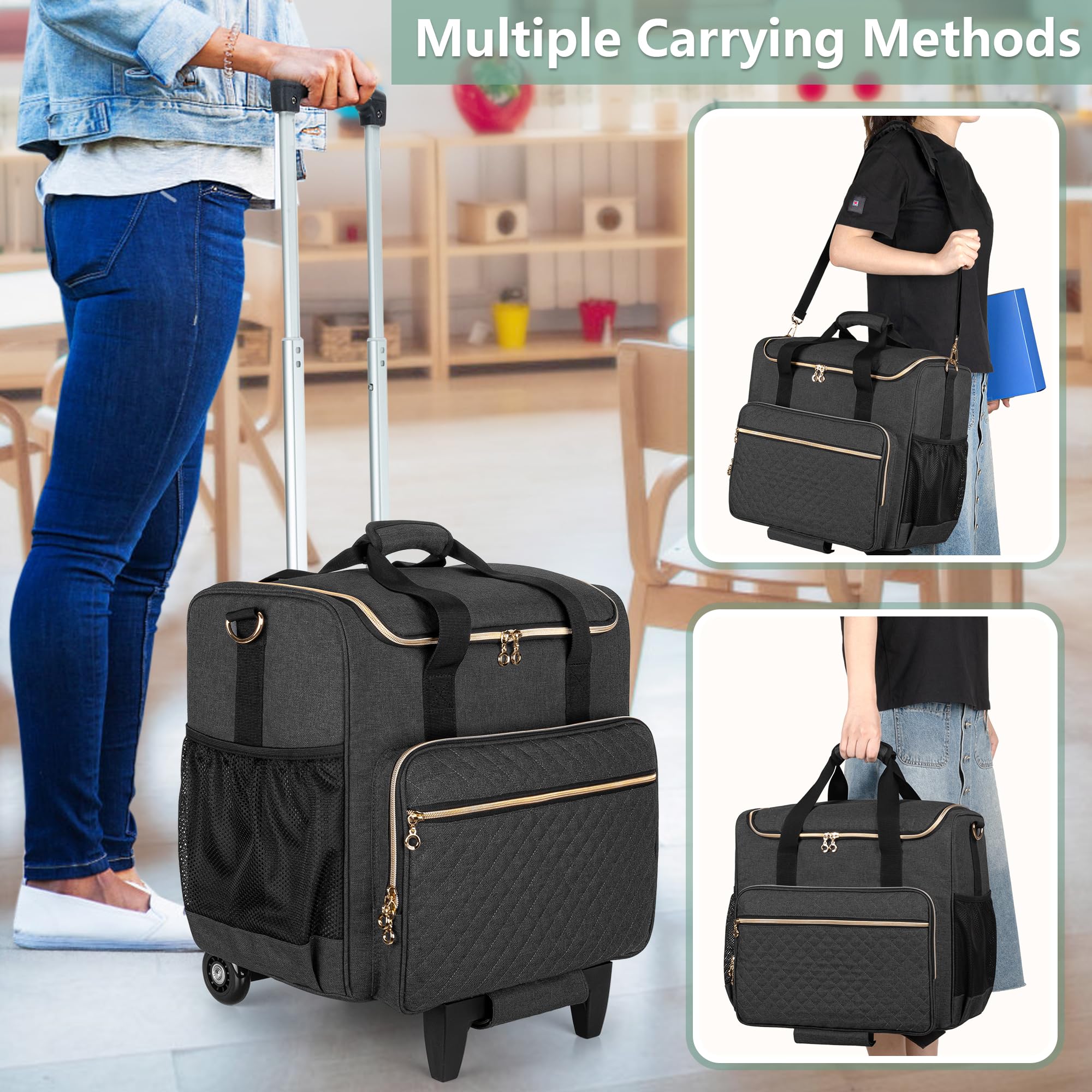 LUXJA Rolling Teacher Bag with Laptop Compartment & Detachable Wheels - Multi-Functional Tote Organizer for Educators (Black) | Perfect for School, Travel & Work Commutes