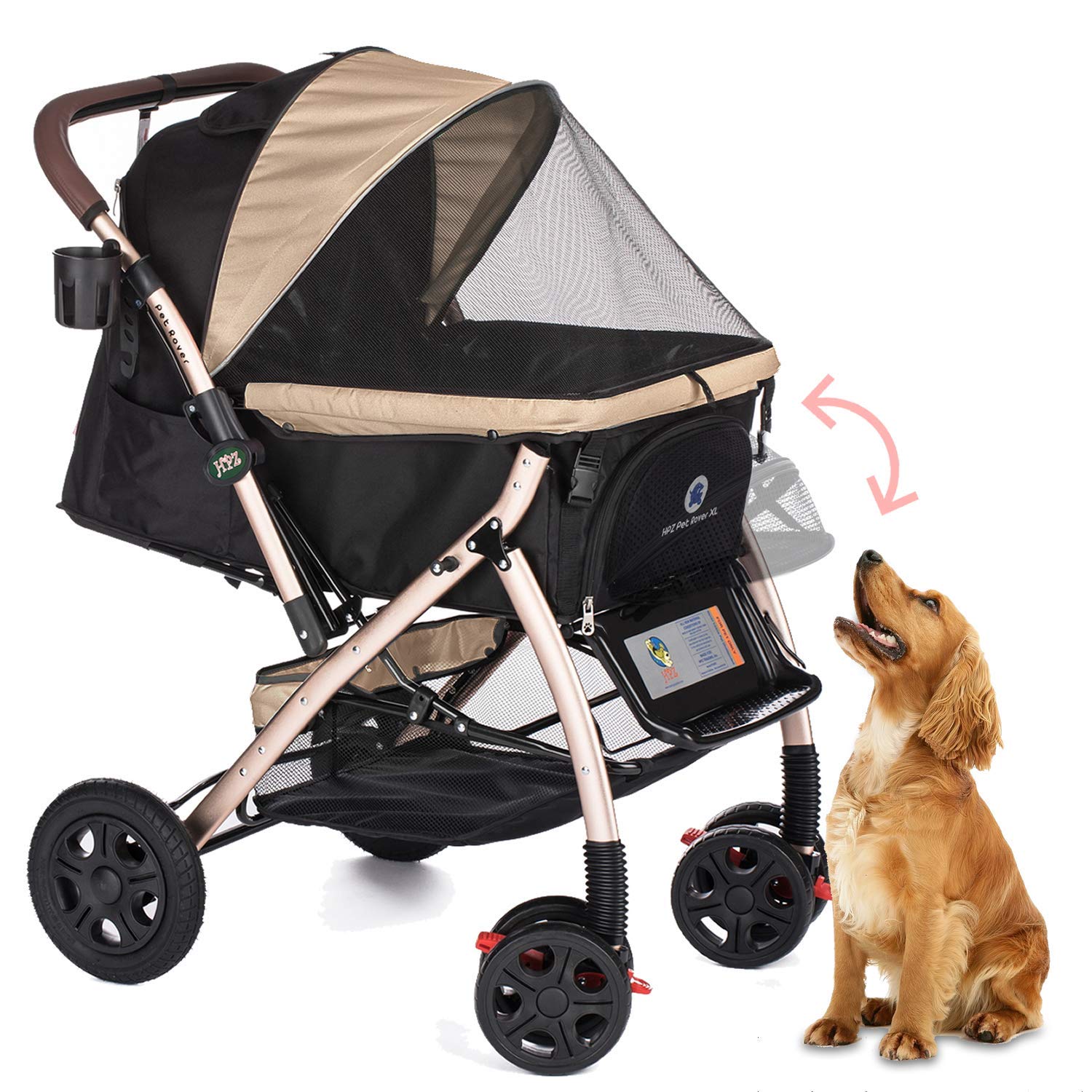 Premium Heavy Duty XL Extra-Long Pet Stroller for Small, Medium & Large Dogs & Cats - Taupe 2nd Generation | Durable Travel Carriage for Walking, Shopping & Outdoor Adventures