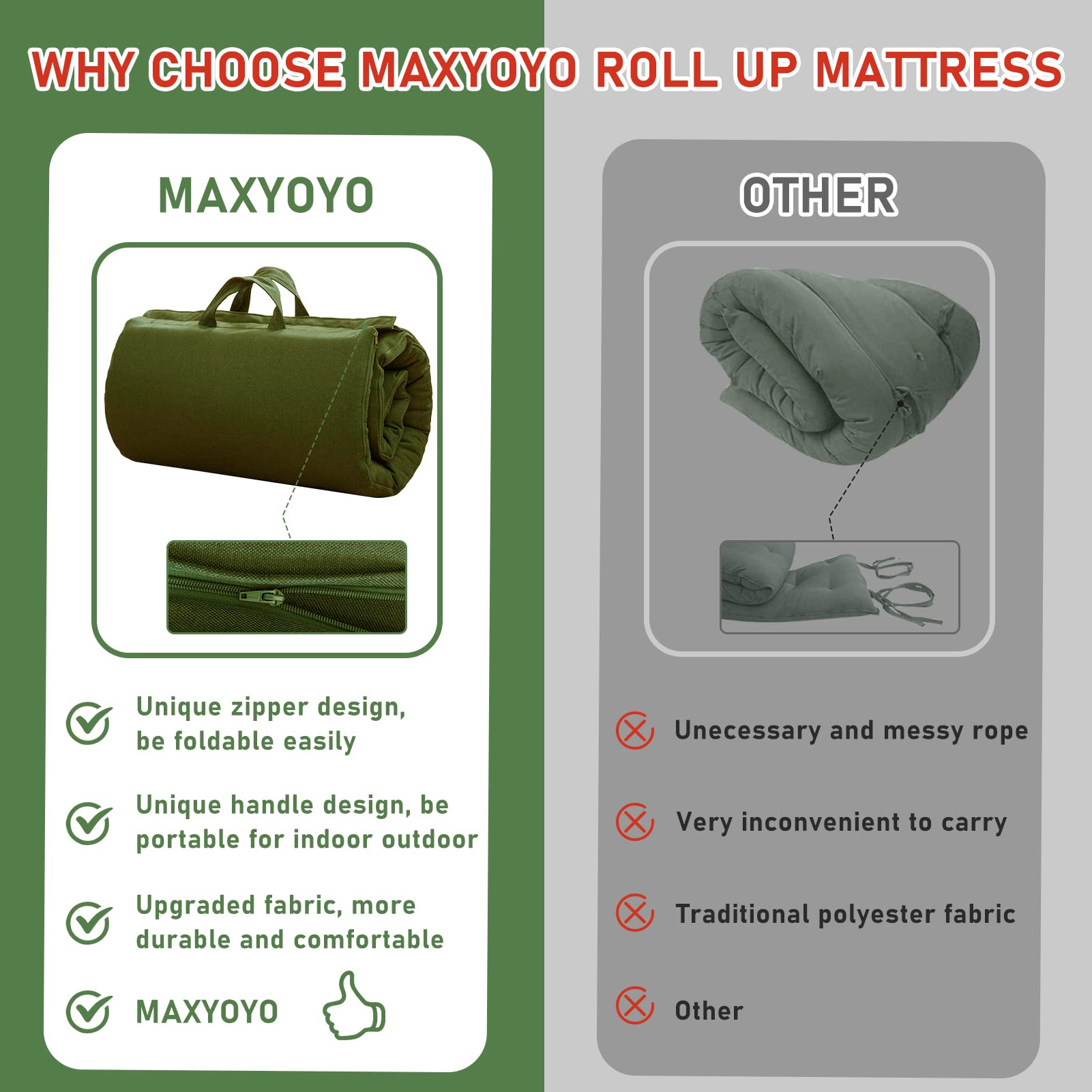 MAXYOYO Roll Up Mattress - Portable Foldable Twin Floor Futon for Camping, Travel & Guest Bed - 75x36 Inch Green Sleeping Mat for Indoor/Outdoor Use