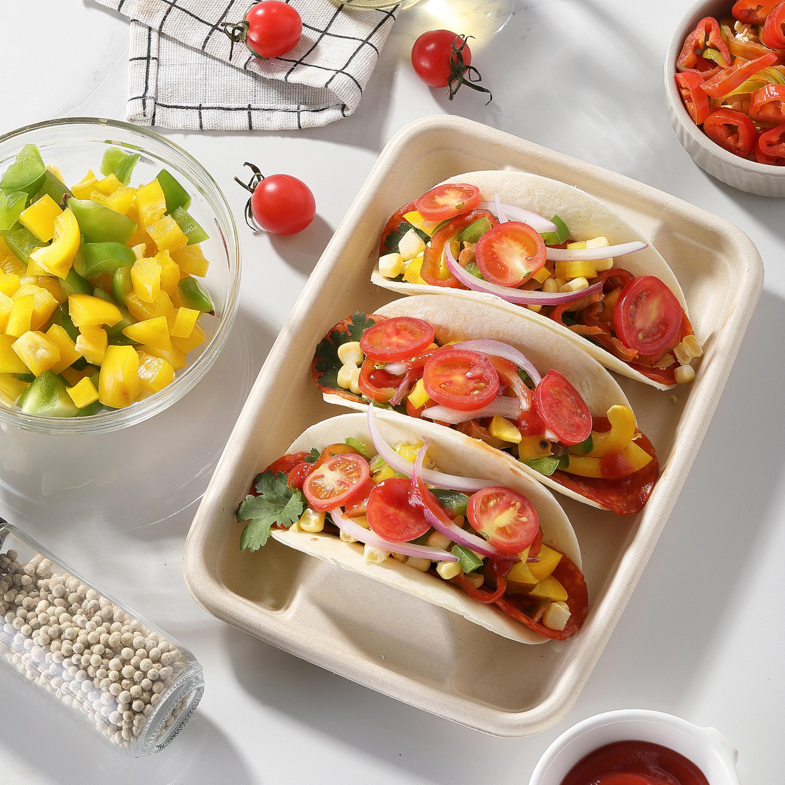 20-Pack Disposable Taco Holders with Dividers - COKUMA Taco Serving Stand for 3 Tacos | Perfect for Taco Tuesday Parties, Mexican Fiesta & Family Gatherings