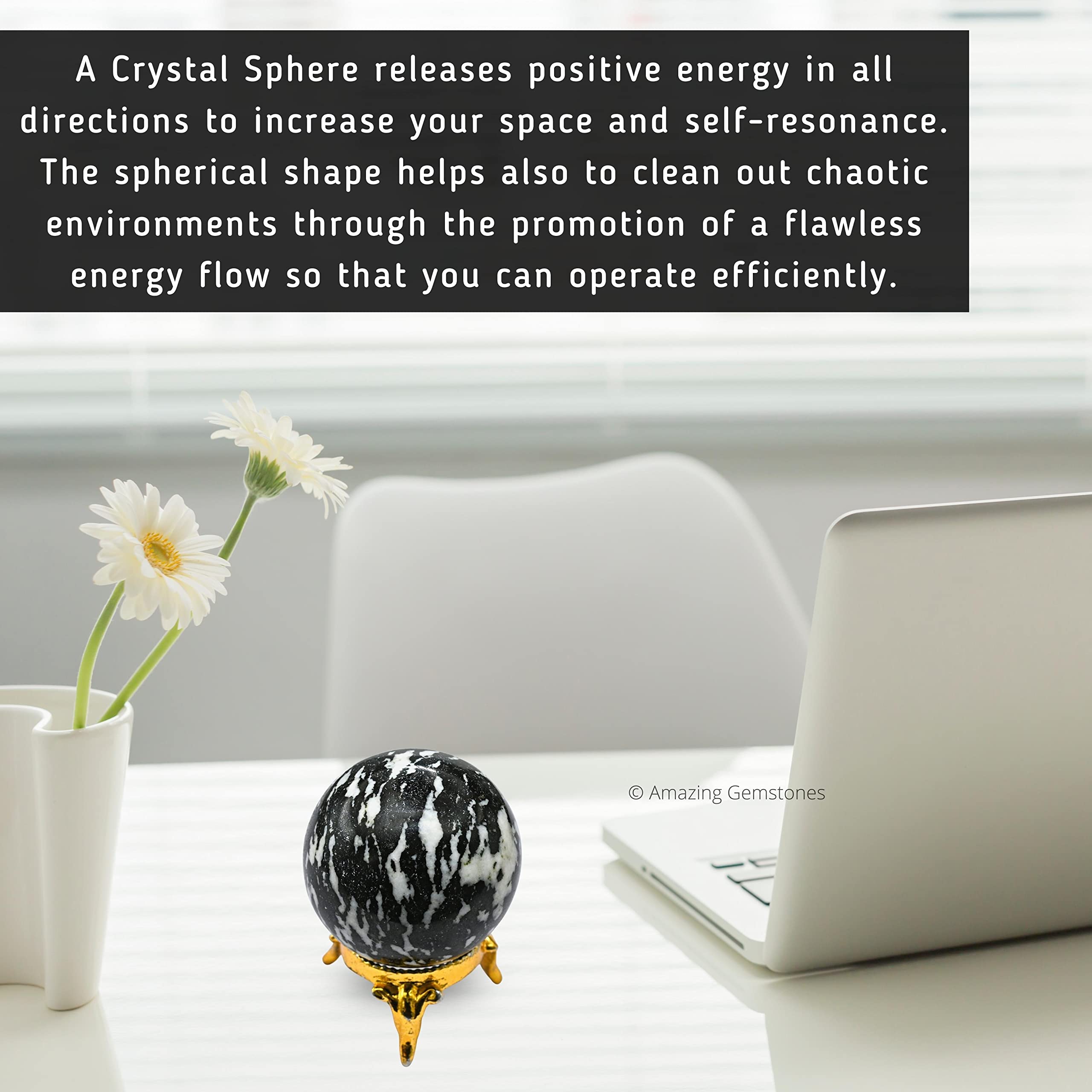 1.5 Inch White & Black Tourmaline Crystal Ball with Wooden Stand - Healing Meditation Sphere for Witchcraft, Reiki, Feng Shui, Home & Office Decoration