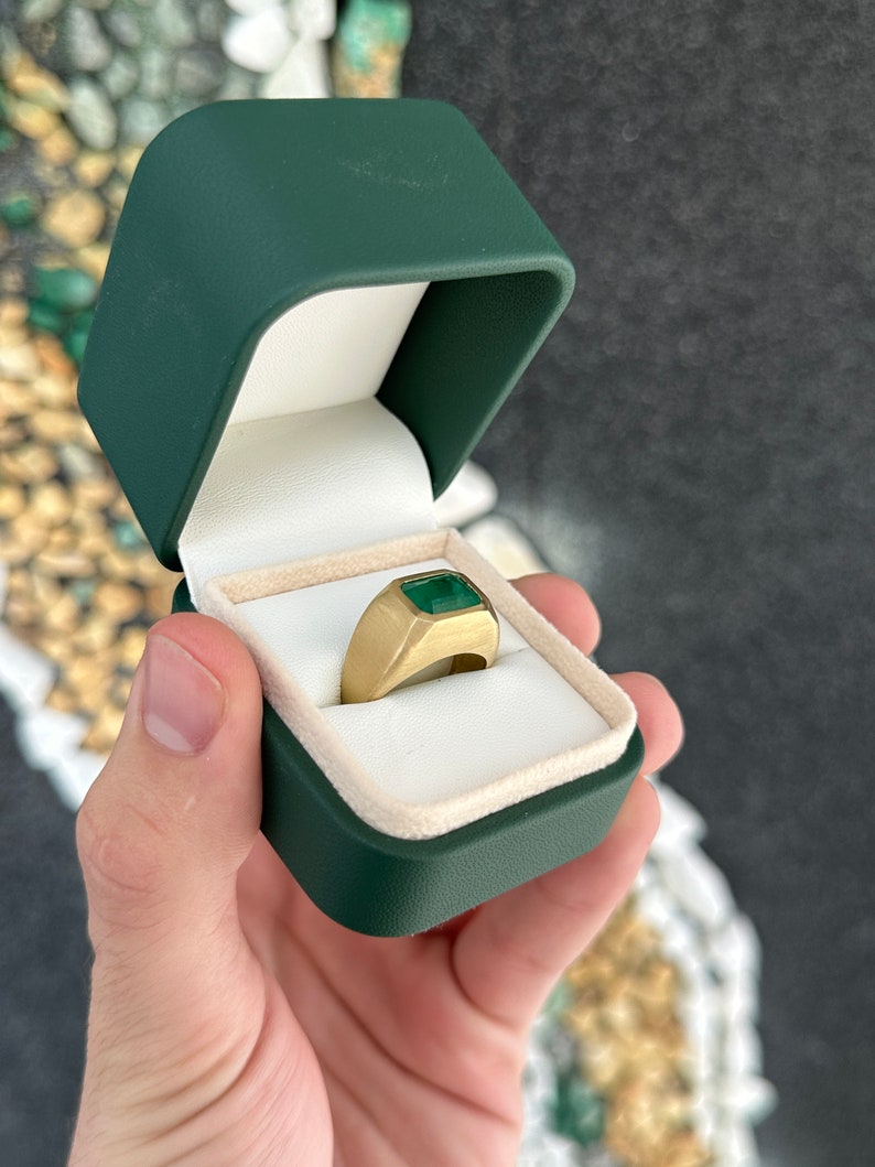 3.54ct 18K Gold Men's Emerald Solitaire Ring - Dark Vivid Green Gemstone, Satin Finish Gypsy Style for Wedding, Engagement & Special Occasions