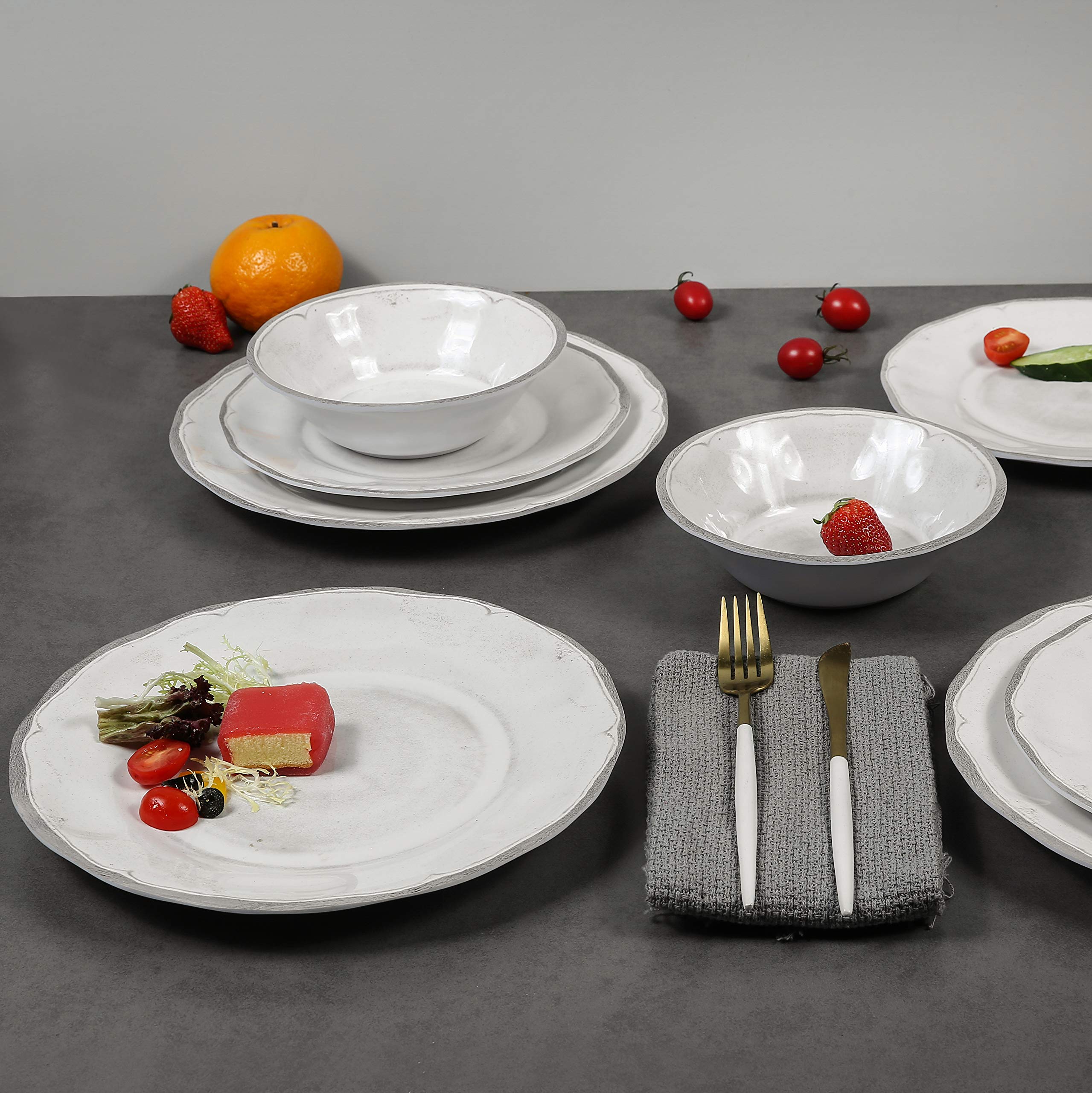 12-Piece Melamine Dinnerware Set - White Plates, Salad Plates & Bowls for Everyday Use | Durable & Lightweight Dish Set for Indoor/Outdoor Dining, Picnics, Camping & Parties