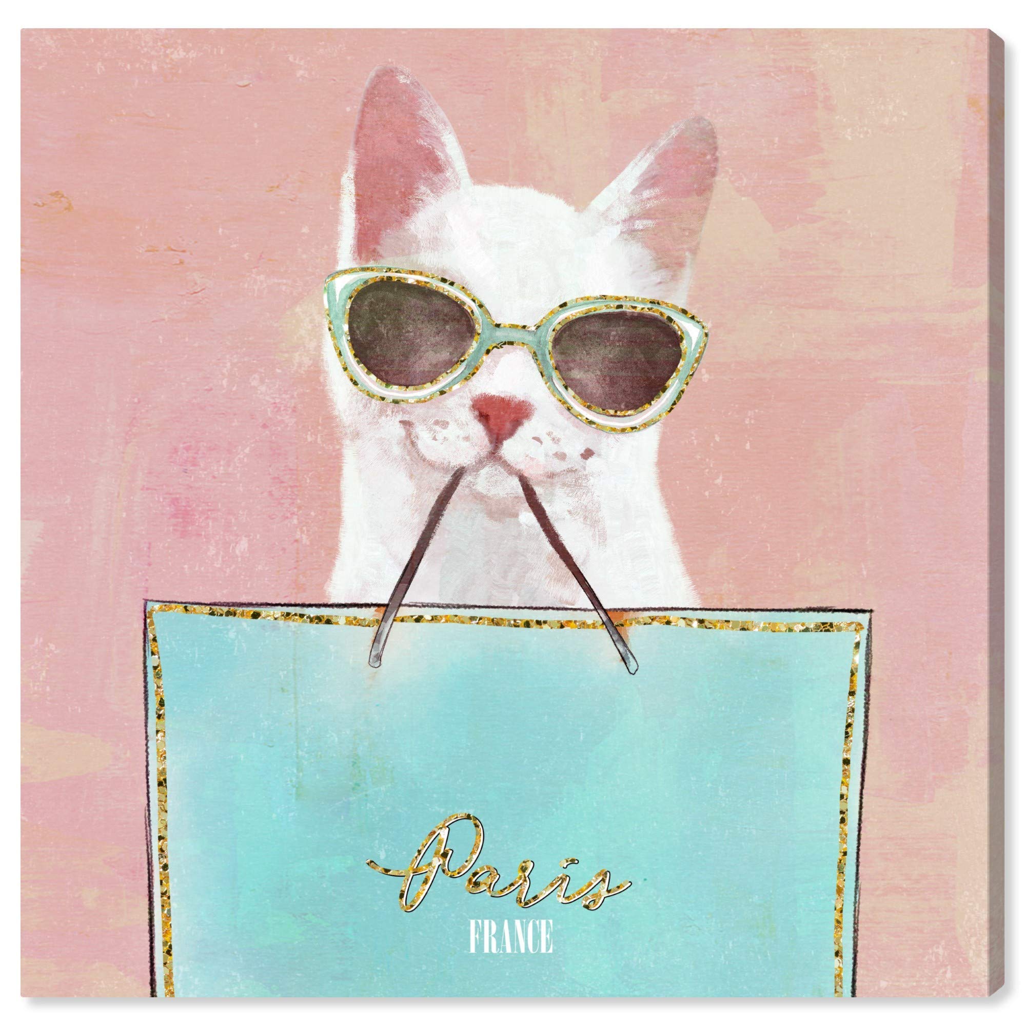 Wynwood Studio 'Shopping Cat' Fashion Wall Art Canvas Print - 20x20 Inches Blue & Gold Glam Home Decor - Perfect for Living Room, Bedroom, or Office Wall Decoration