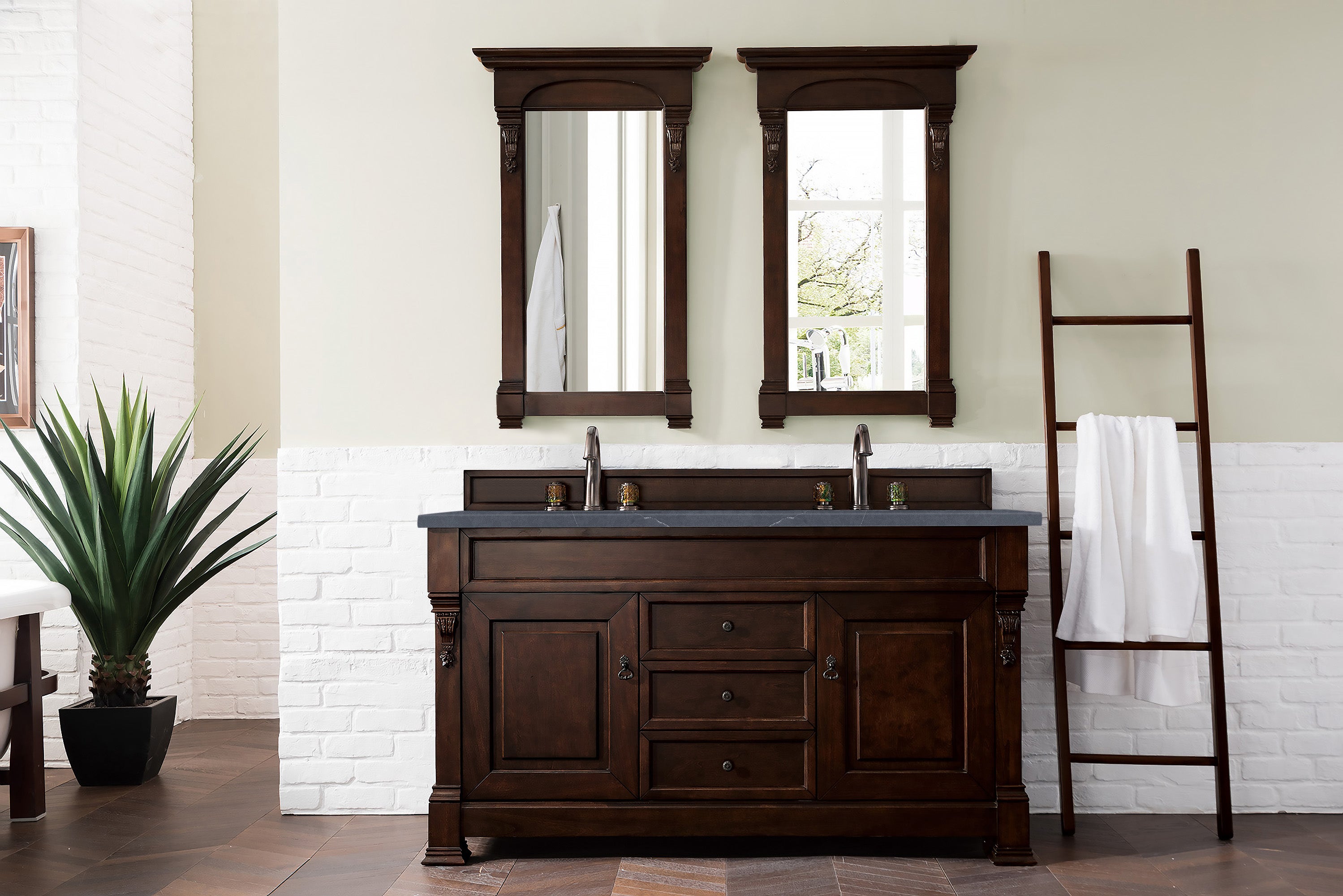 Brookfield 60-Inch Double Vanity with Burnished Mahogany Base & 3CM Charcoal Soapstone Quartz Top - Perfect for Master Bathroom Renovation