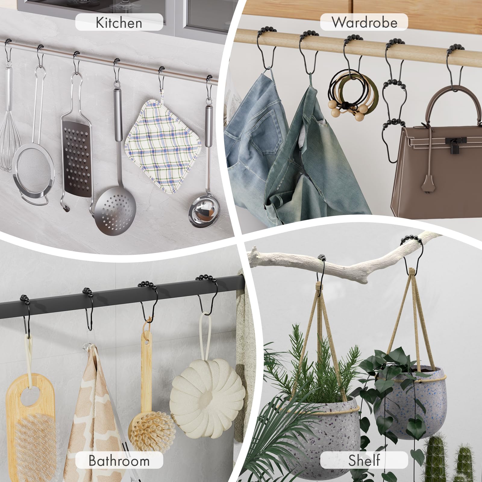 Amazer 12-Pack Rustproof Stainless Steel Shower Curtain Hooks - Decorative Black Bathroom Hooks for Shower Liners & Curtains - Durable & Stylish Bath Accessories for Home, Hotel, and Dorm Use