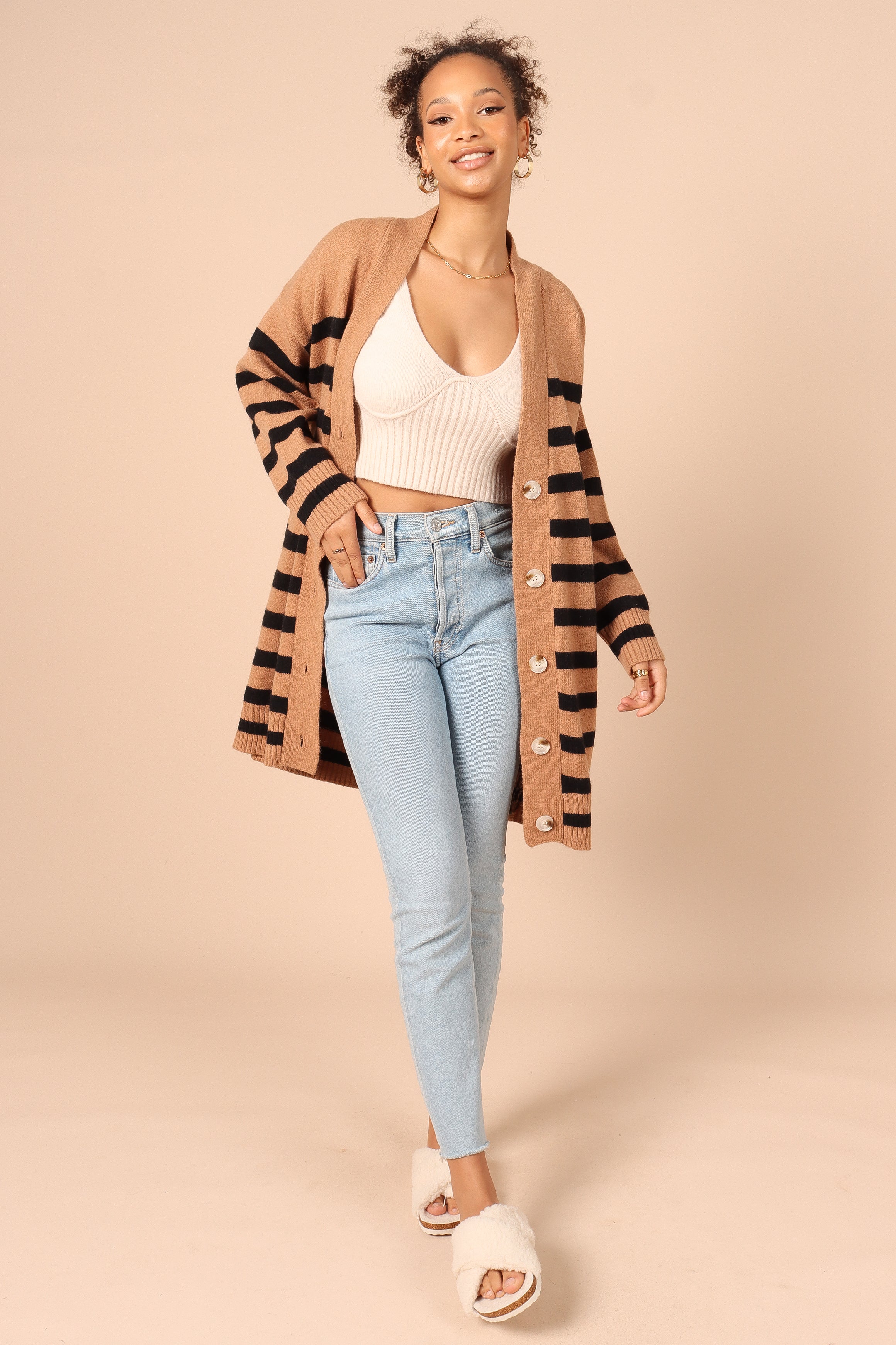 Julie Cardigan - Soft & Cozy Tan Striped Knit Sweater for Women | Perfect for Fall, Winter & Casual Outfits